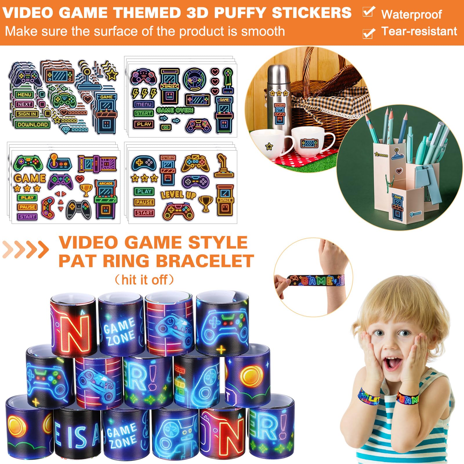 Sayglossy Set da 171 bomboniere per videogiochi, include sacchetti regalo, matite, temperamatite, bracciali, anelli, portachiavi, adesivi 3D gonfi con timbro per gamer, bomboniere di compleanno (neon)