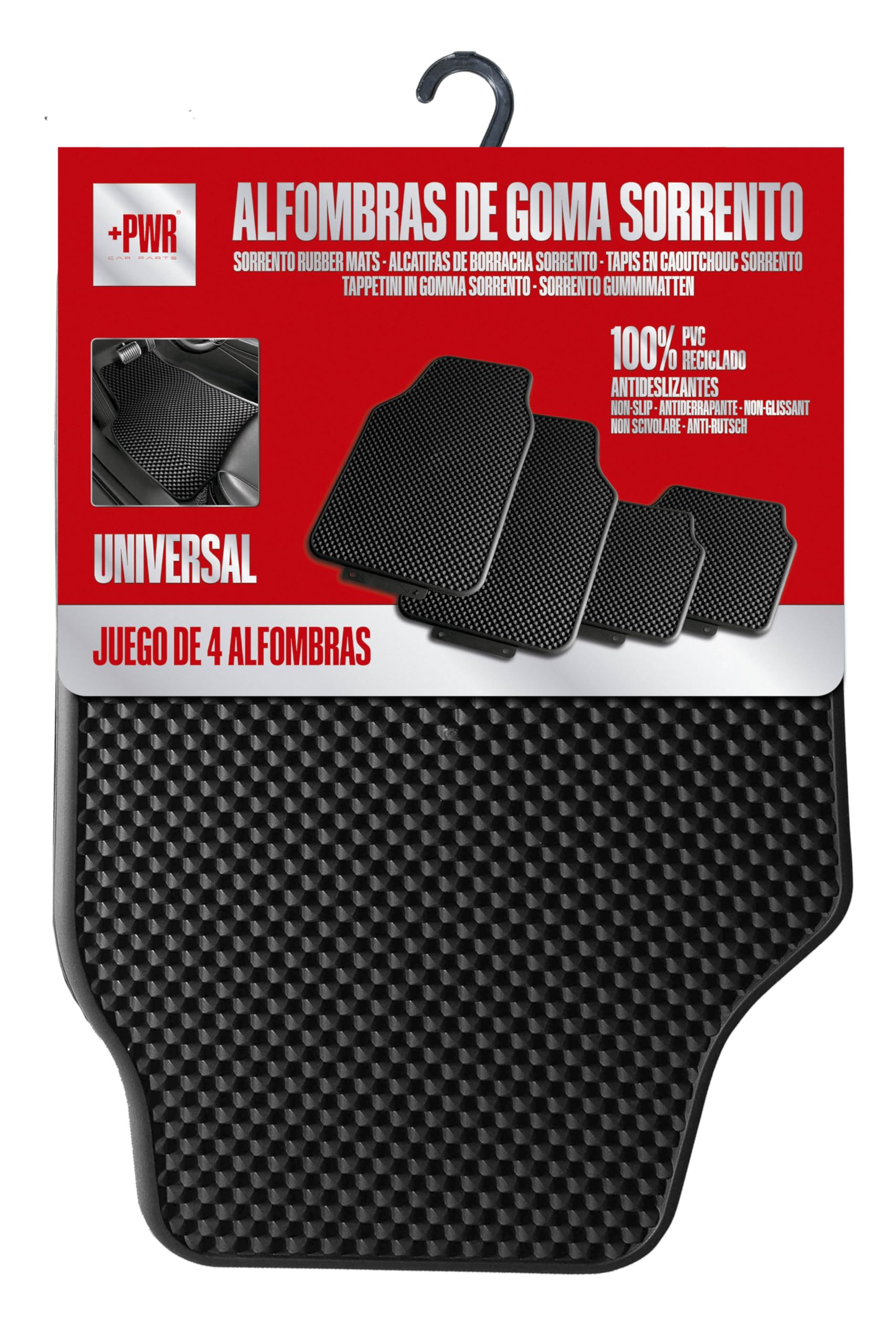 +PWR Car PartsSet di tappetini in gomma Sorrento per auto universali. 100% PVC riciclato, dimensioni 68x45 cm / 48x38 cm. Antiscivolo. Proteggono il pavimento originale.