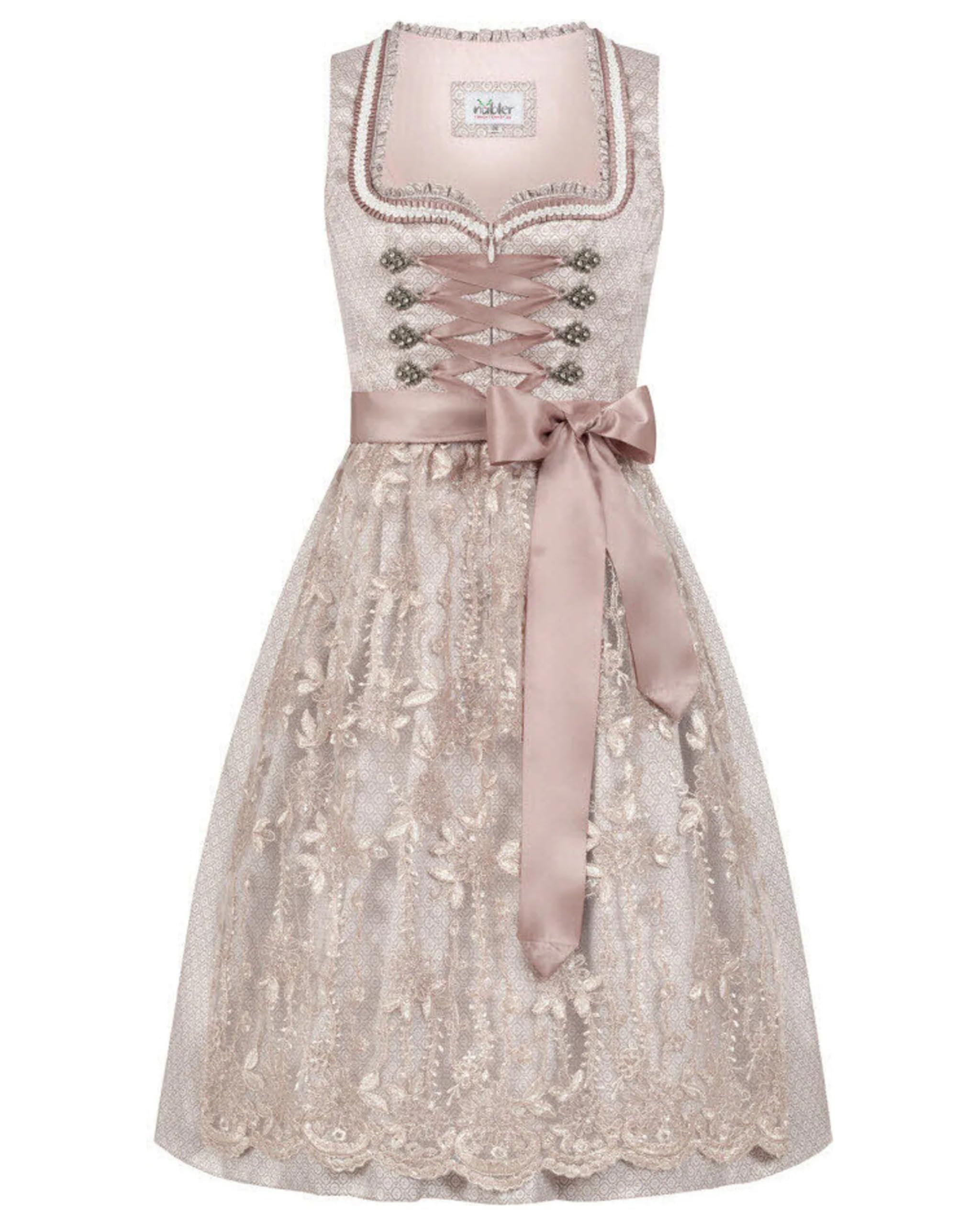 Nübler Damen Dirndl Tessa I Größen 30-48 I Midi-Dirndl mit Rocklänge 65 cm & passender Schürze I Festliches Trachtenkleid mit modernem Schnitt & dezenten Details I Ideal für Trachten & Festlichkeiten