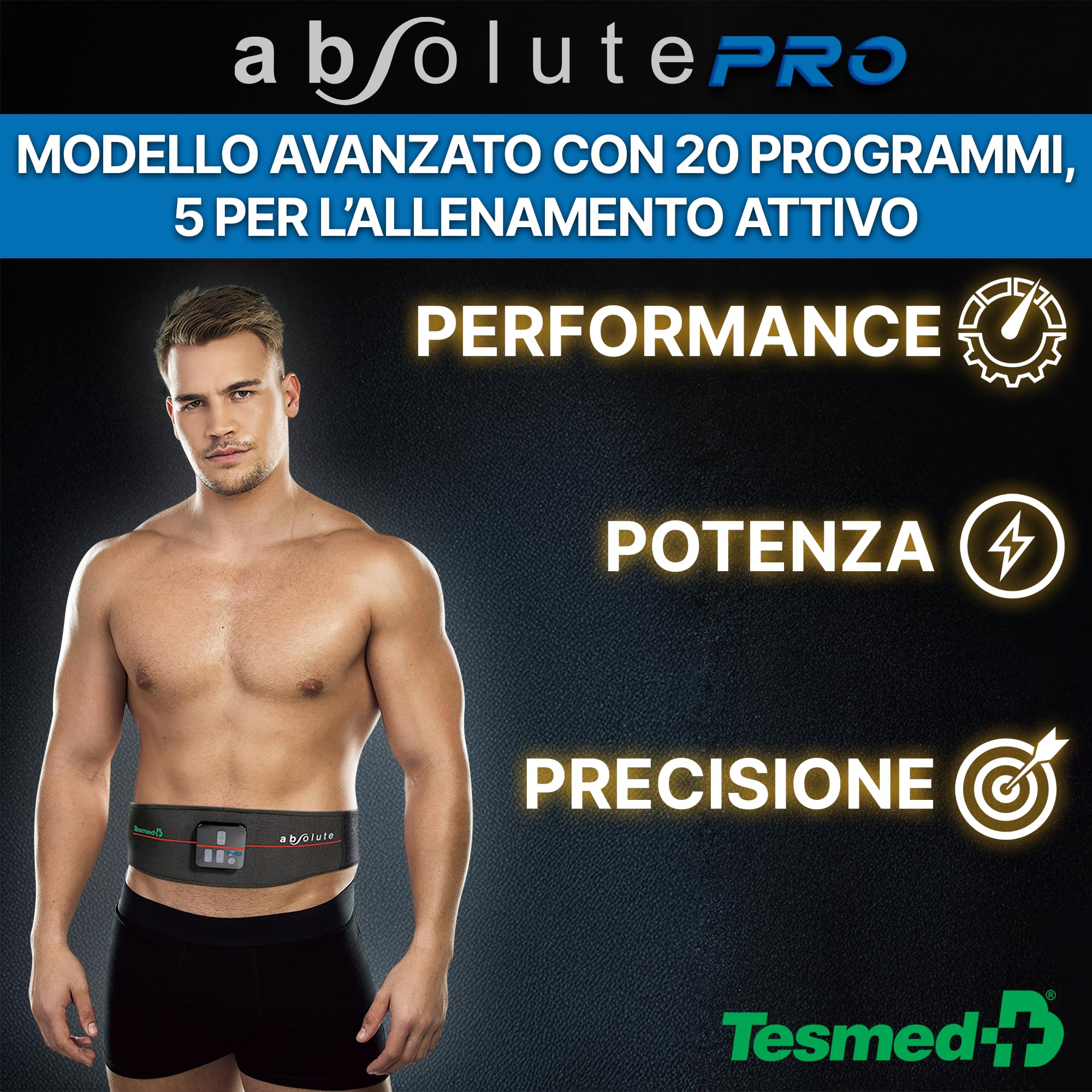 TESMED Absolute: Cintura Addominale EMS, Elettrostimolatore per Addominali Centrali e Laterali – Ricaricabile, 99 Intensità – Allenamento e Tonificazione Muscolare – Made in Italy