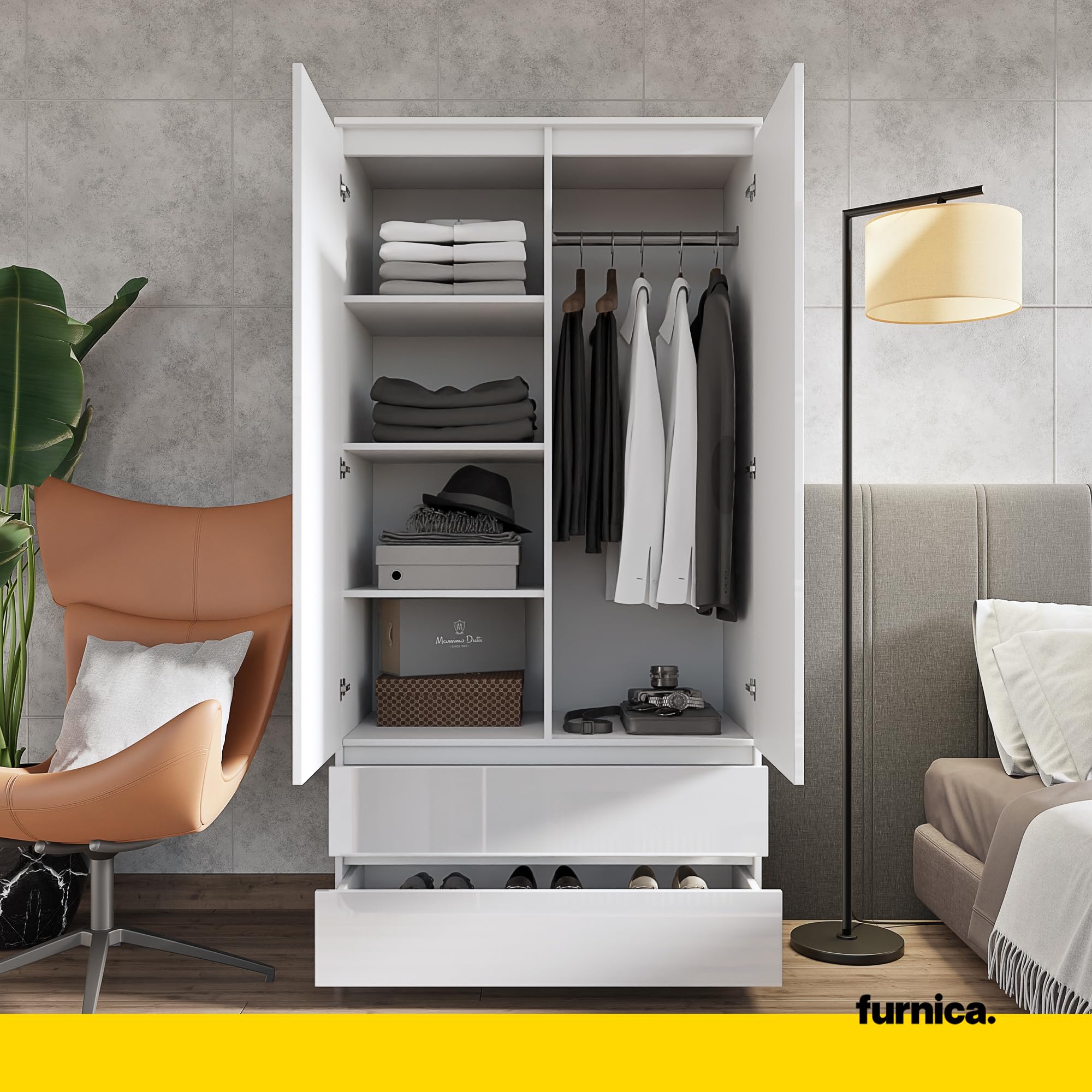 Furnica Kleiderschrank 90 Cm – 2 Türen, 2 Schubladen, Kleiderstange, 180 Cm Hoch, 50 Cm Tief, Weiß