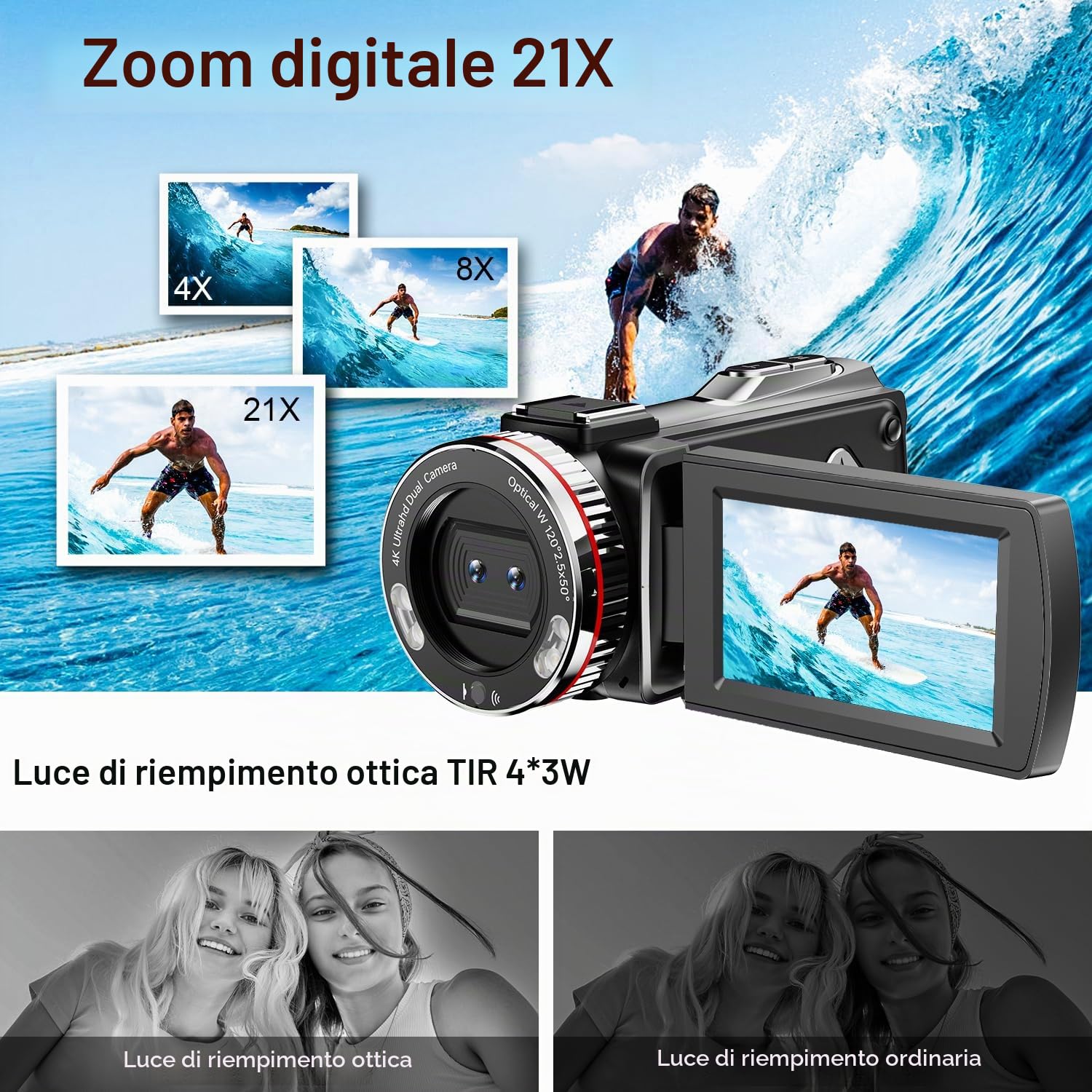 Videocamera 4K 64MP per YouTube, Dual Camera 3" Screen Girevole a 270°, Scheda 64GB, Microfono, Stabilizzatore, Telecomando, 2 Batterie