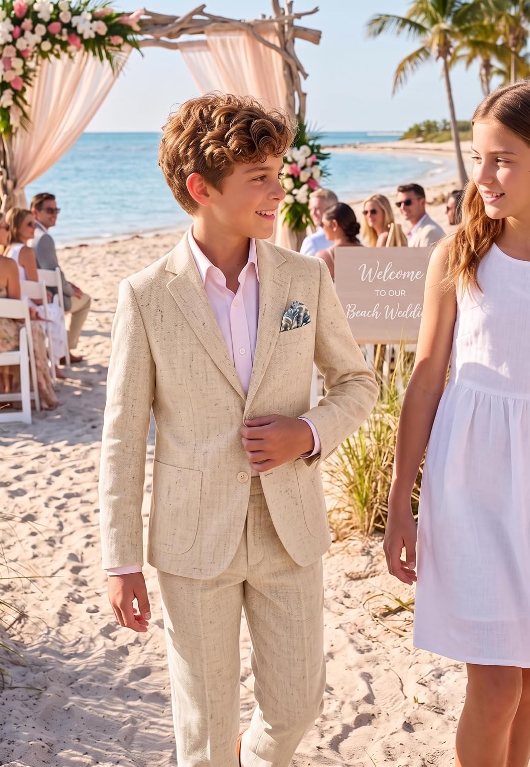 Boys Linen Suits for Boy Slim Fit 2 Piece Set Jacket Pants Wedding Outfit