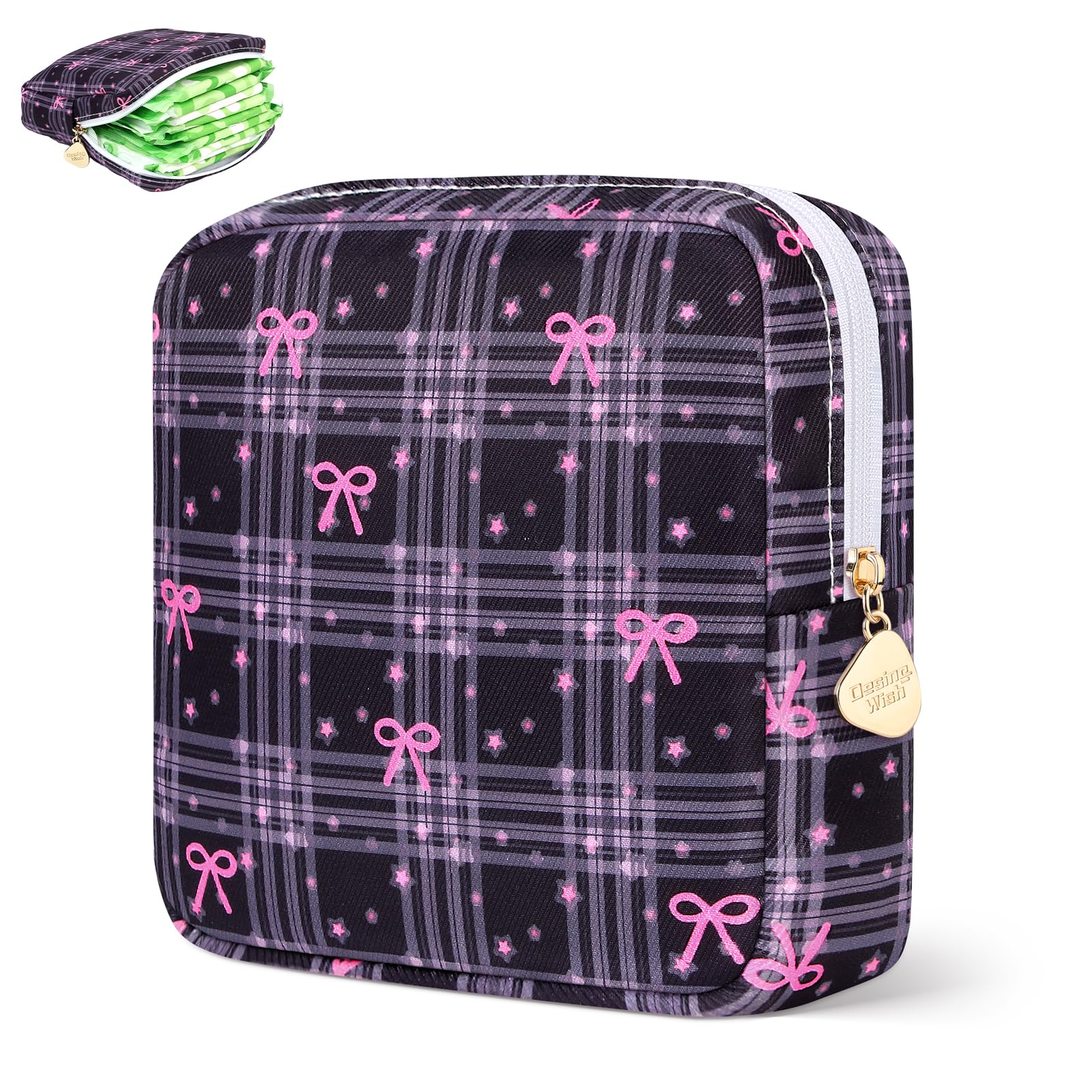 Sanitary Pad Storage Bag Portable Period Bag for Teen Pads/Sanitary Napkins/Small Tampons, Sanitary Napkin Storage Bag First Period Gifts for Teen Girls (Pink Plaid Bowknot)