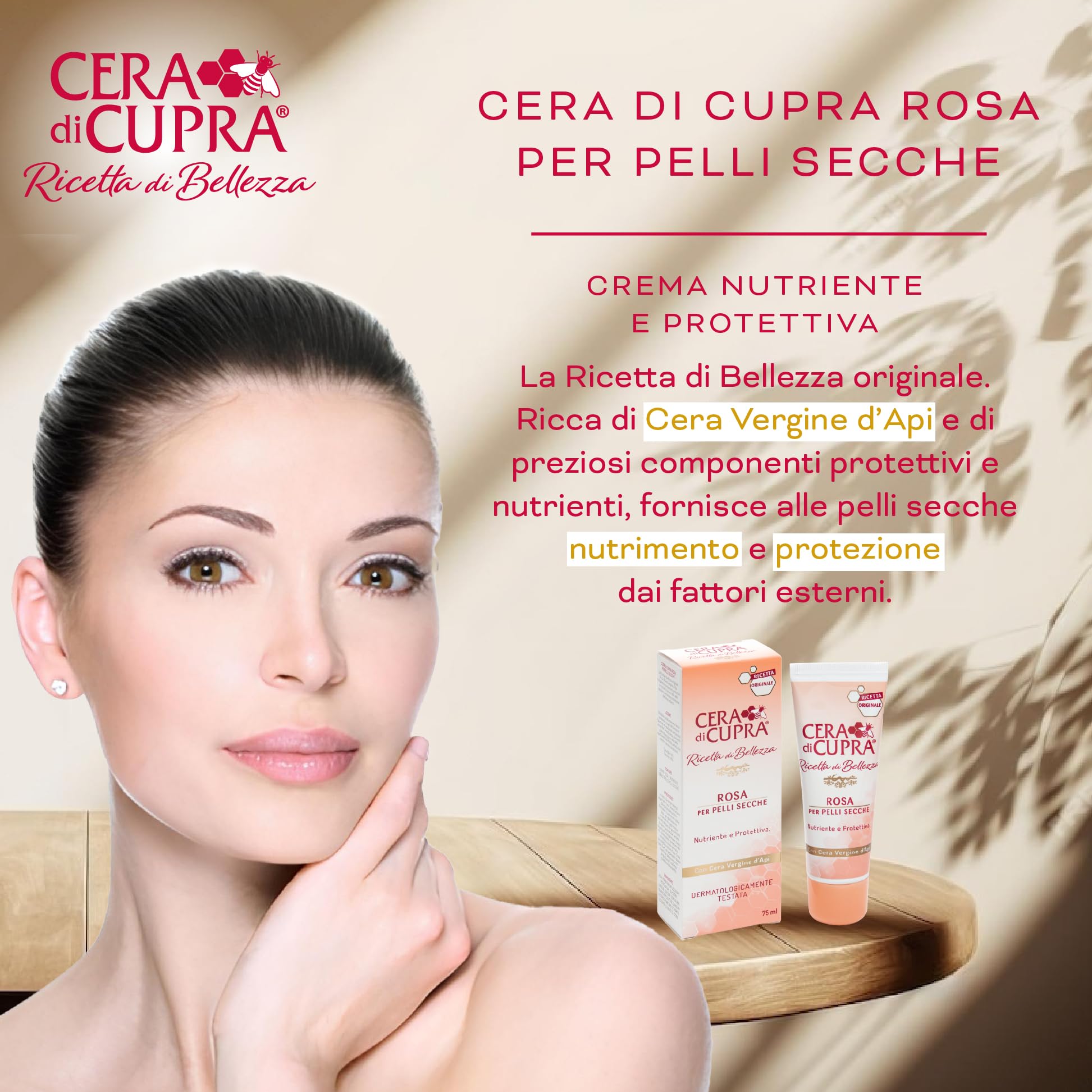 Cera di Cupra, Crema Rosa Formulazione Tradizionale, con Cera Vergine d'Api, Ricca di Componenti Protettivi, ad Azione Antietà, Made in Italy, Dermatologicamente Testata, Tubetto da 75 ml