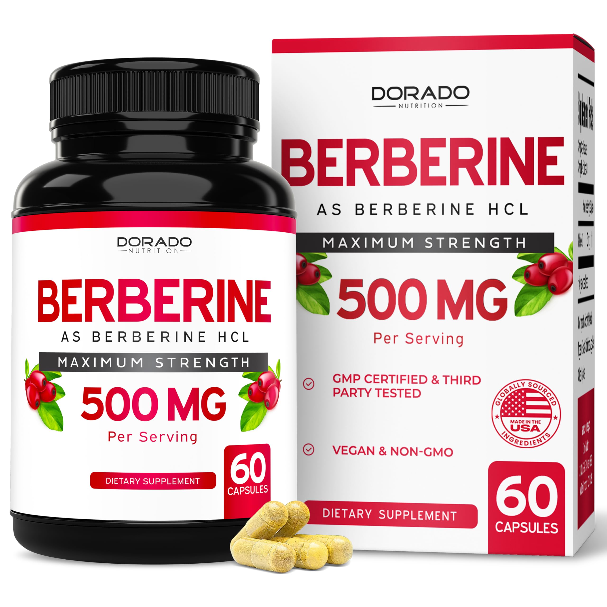 Berberine Supplement 500mg Per Serving (60 Capsules) Berberine HCL for Gut Health Support for Men and Women - Premium Supplements for Adults - Third Party Tested - Vegan Capsules & USA Made