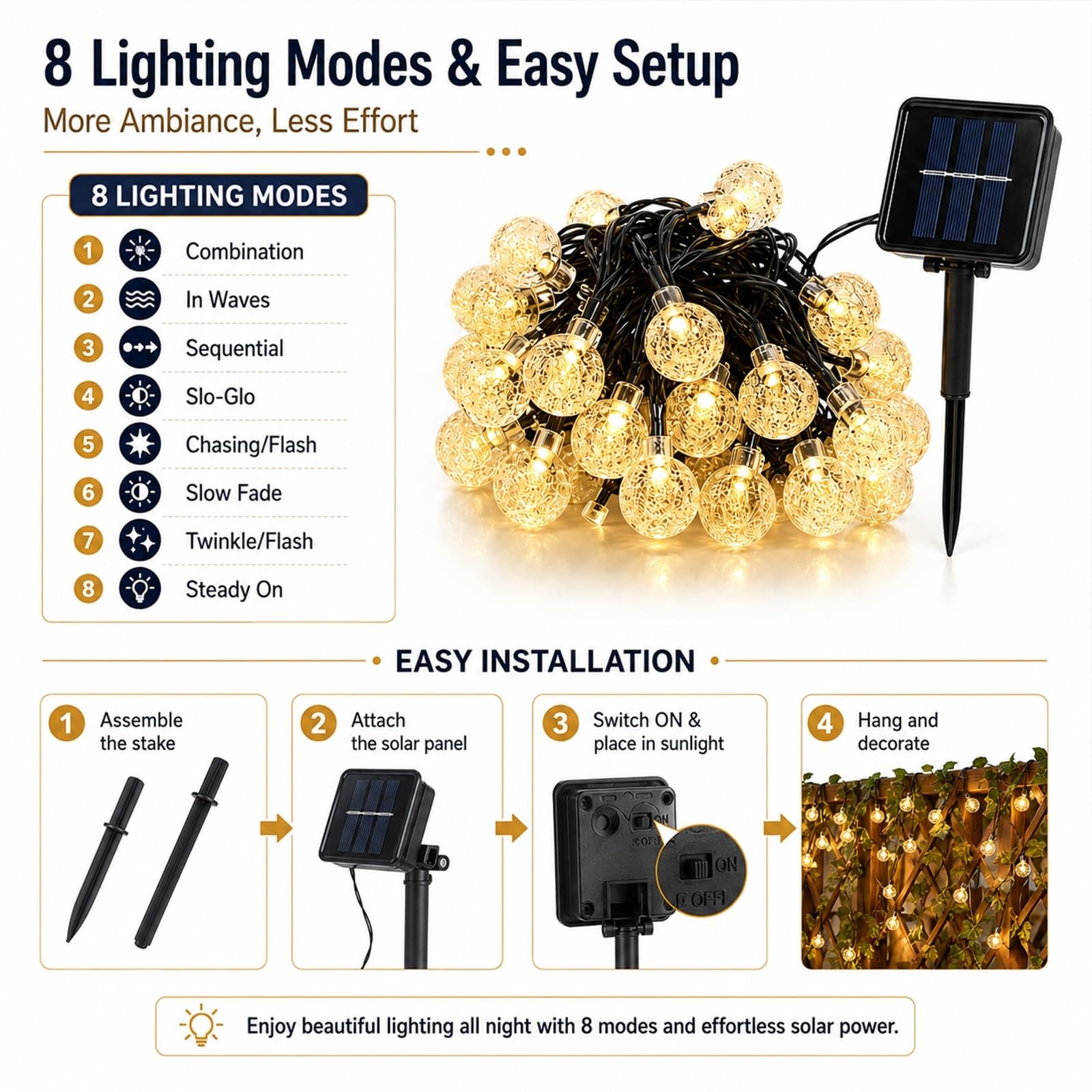 Hiseng Catena Luminosa Esterna Solare, Luci Solari Esterno da Giardino a Bolle LED, Sfera a Bolle da 2,3 cm, Lampade Solari Impermeabili per Campeggio, Terrazzo, Balcone (Bianco,22m 200LED)
