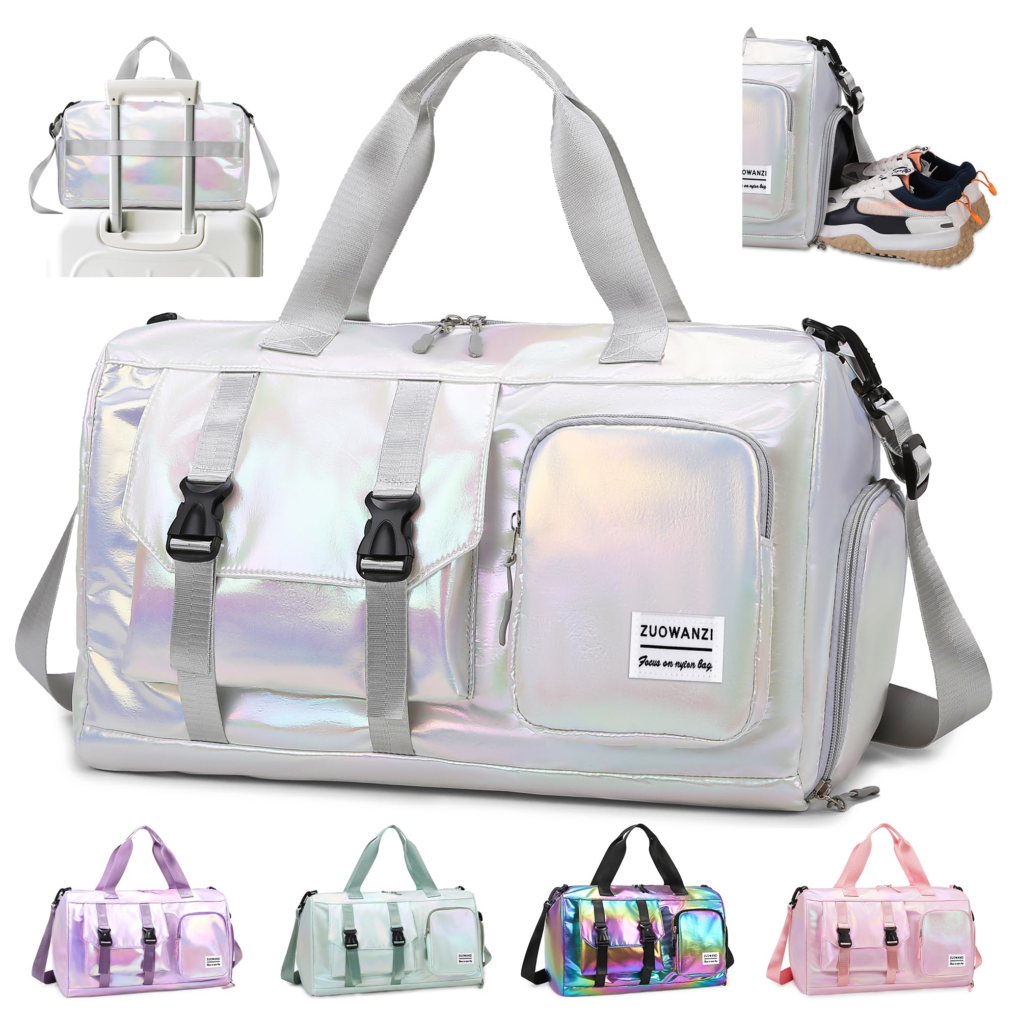 Borsone Palestra Donna Grande Borsone da Viaggio con Tracolla Borsa Piscina Impermeabile Borsa Sportiva con Scomparto Scarpe Borse Danza Leggero per Gym Piscina Nuoto Ginnastica, Bianco