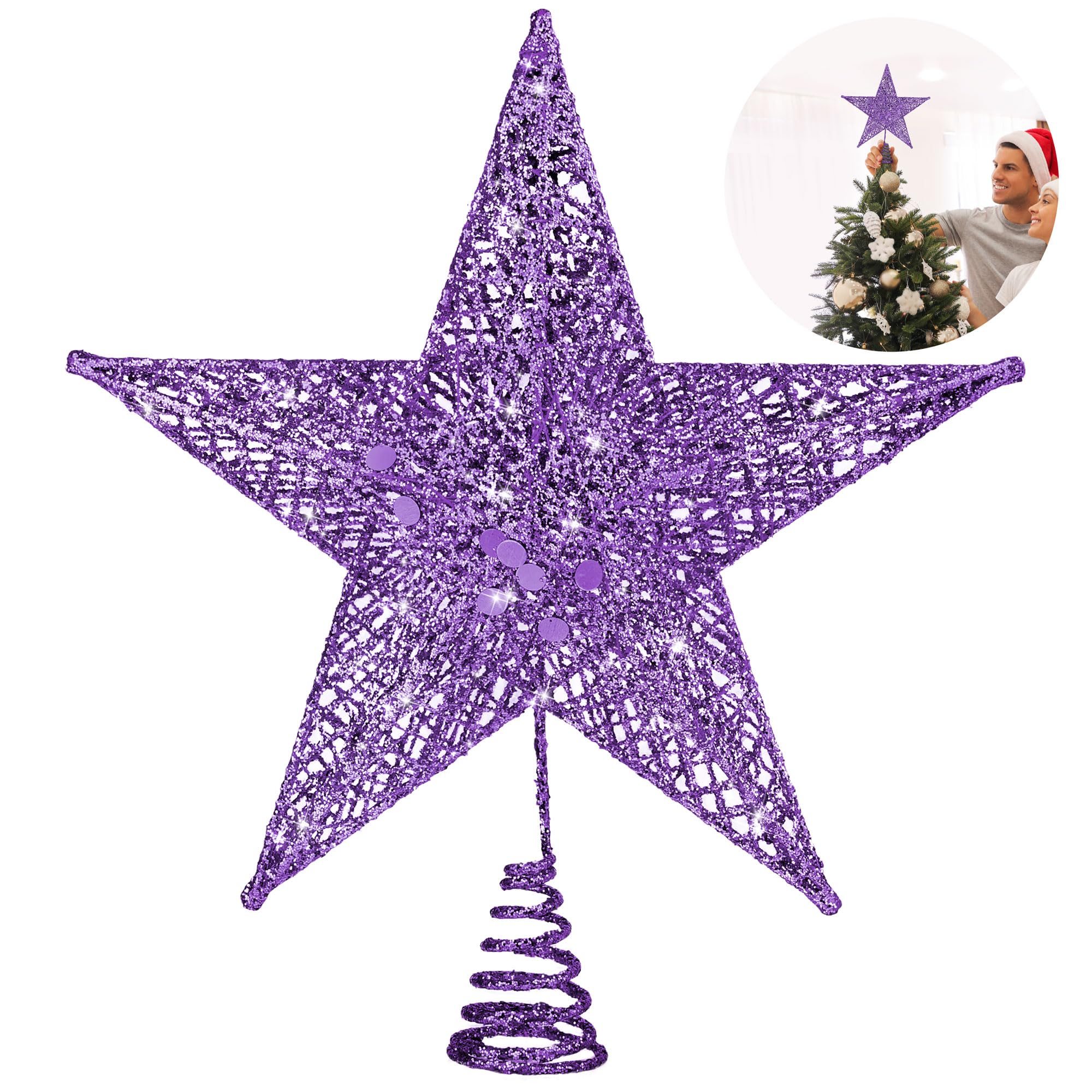 Fovths Christmas Tree Topper 8 Inches Metal Glittered Christmas Tree Topper Wire Star Treetop Sparkle Xmas Decoration for Christmas Tree Ornament Indoor New Year Holiday Party Supplies (Purple)