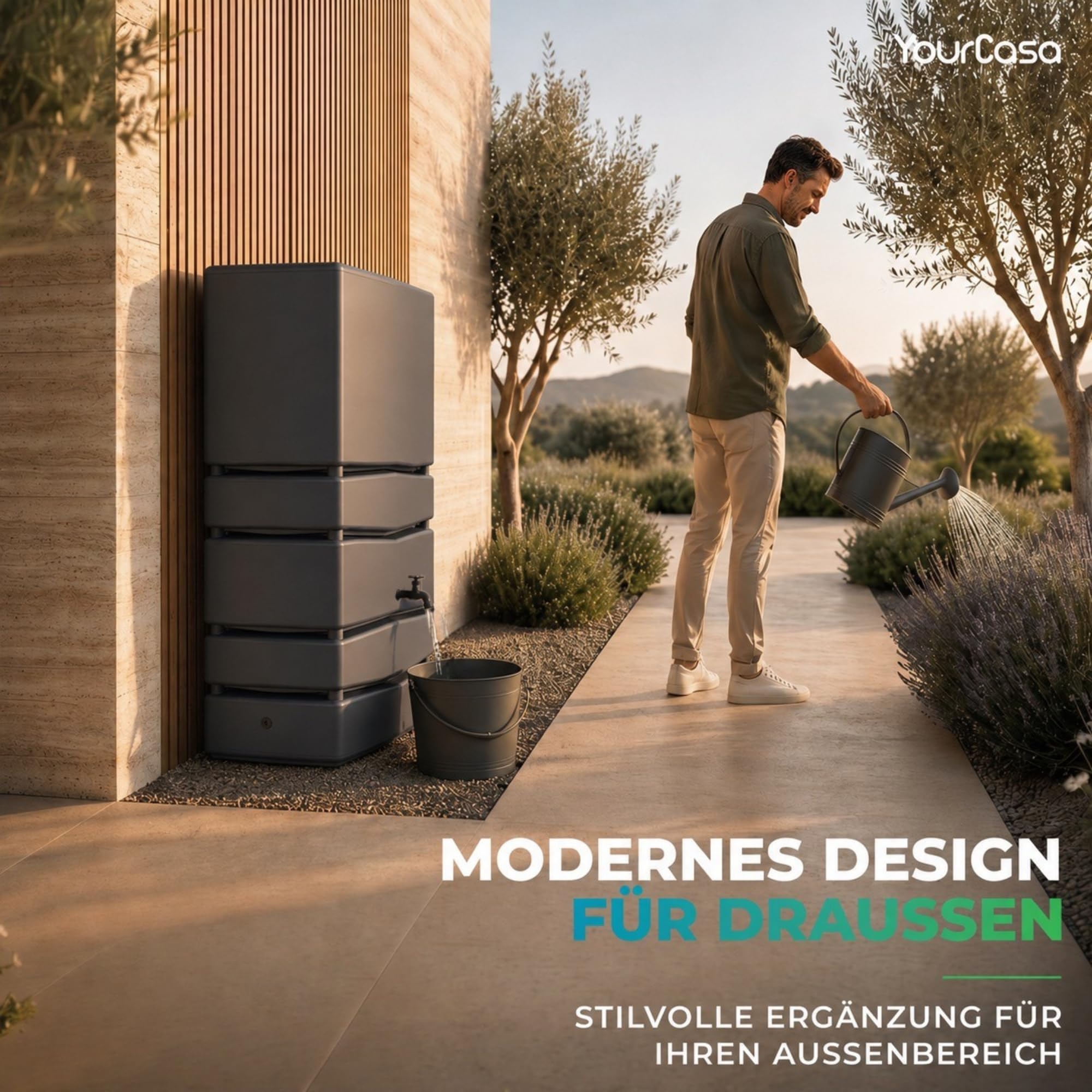 YourCasa Regentonne Eckig 350 Liter [Aqua Silo] XXL Regenfass mit Öffnung und Deckel - platzsparende Form - Frostsicher aus Kunststoff - Regenwassertonne - Regenwassertank Garten Schmal (Anthrazit)