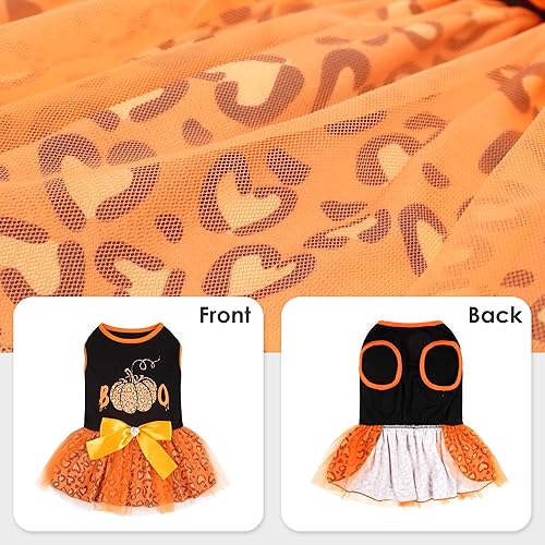 Miniatura 6 de cyeollo Vestido de Halloween para perros, ropa de fiesta de Halloween, lindo estampado de leopardo, calabaza, vestido de tul para perros pequeños