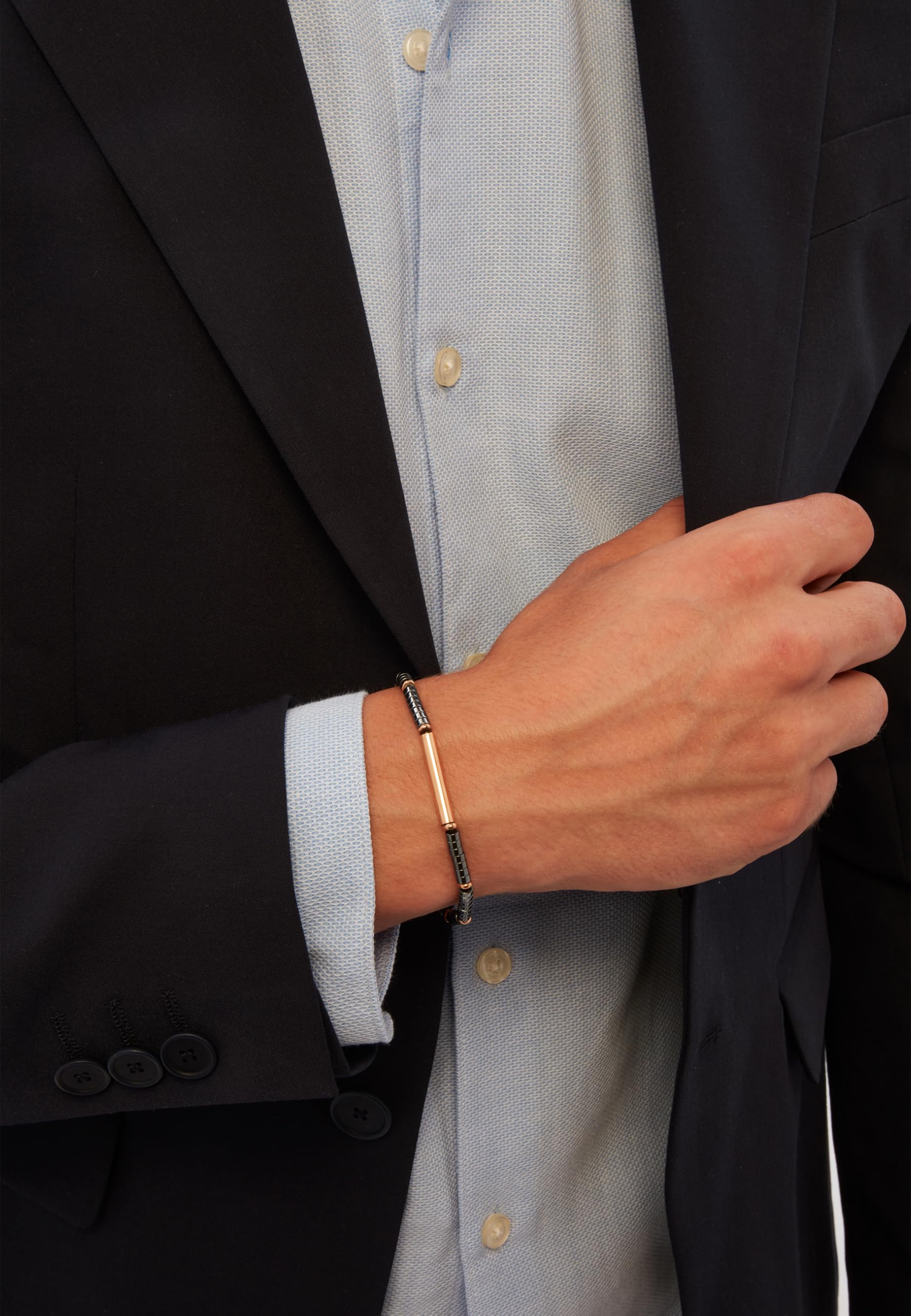 Breil, Collezione B Rocks, Bracciale Uomo con Dischi in Ematite e Acciaio, Chiusura a Moschettone, Lunghezza Regolabile 17-22 cm, Idea Regalo Uomo