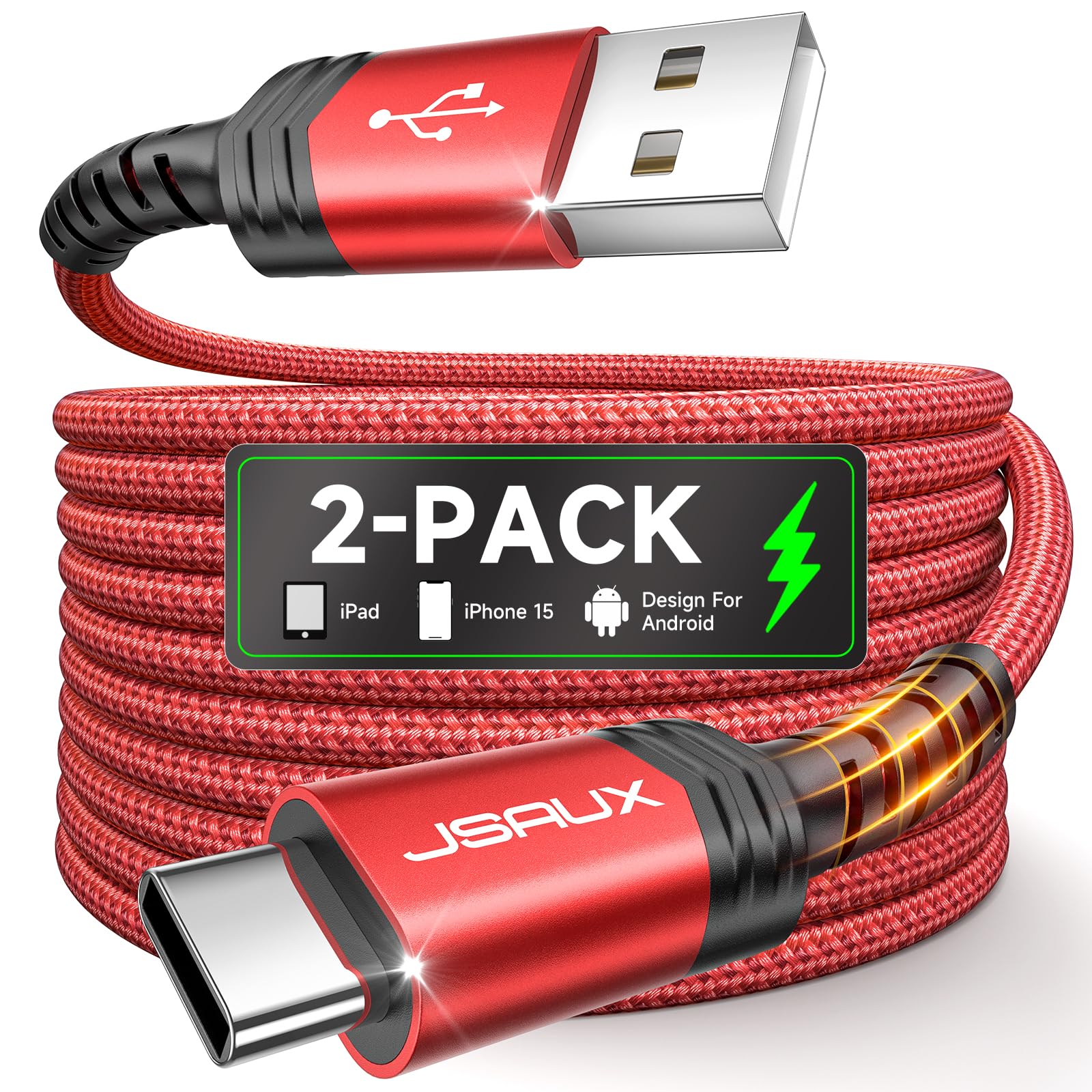 JSAUX USB C Cable [3.3ft+6.6ft], USB A to USB C for iPhone, Samsung, Red