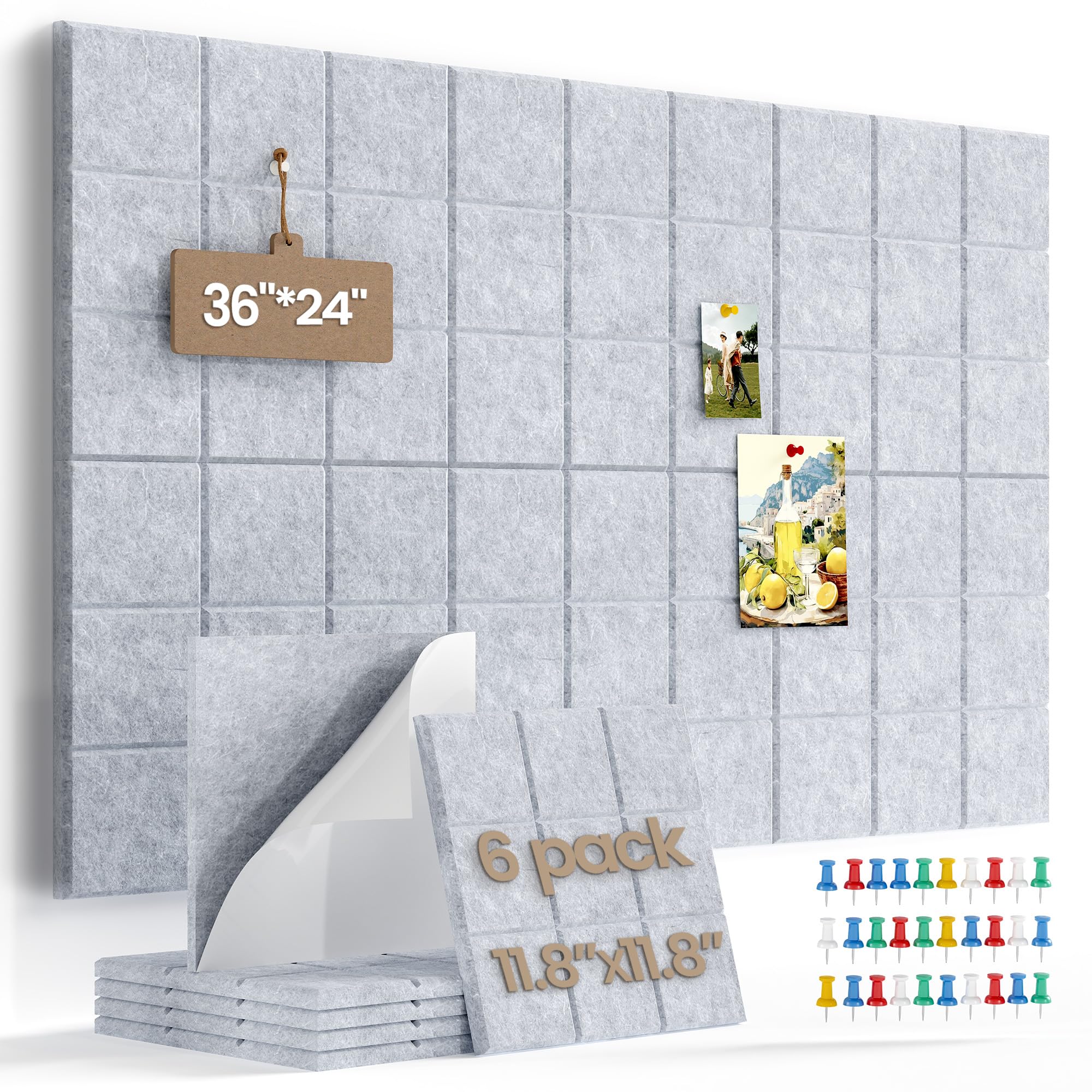 Large Felt Board Tiles for Wall with 30 Push Pins, 11.8"x11.8" Pack of 6 Pin Board Notice Boards for Home Office Kitchen, Bulletin Board Wall Tiles for Photos Memos