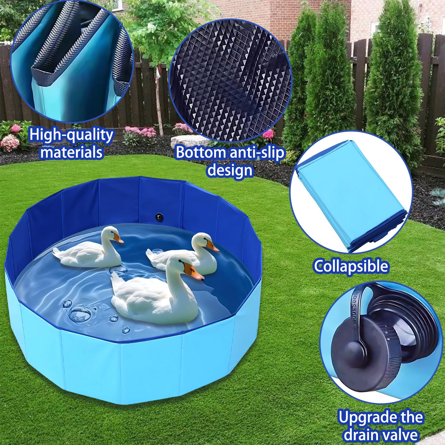 Piscina pieghevole per anatre, grande, con tappo di scarico, 89 x 30 cm, in PVC extra resistente, per anatre, cani, gatti, bambini, in plastica rigida blu, portatile, pieghevole, per uso interno ed
