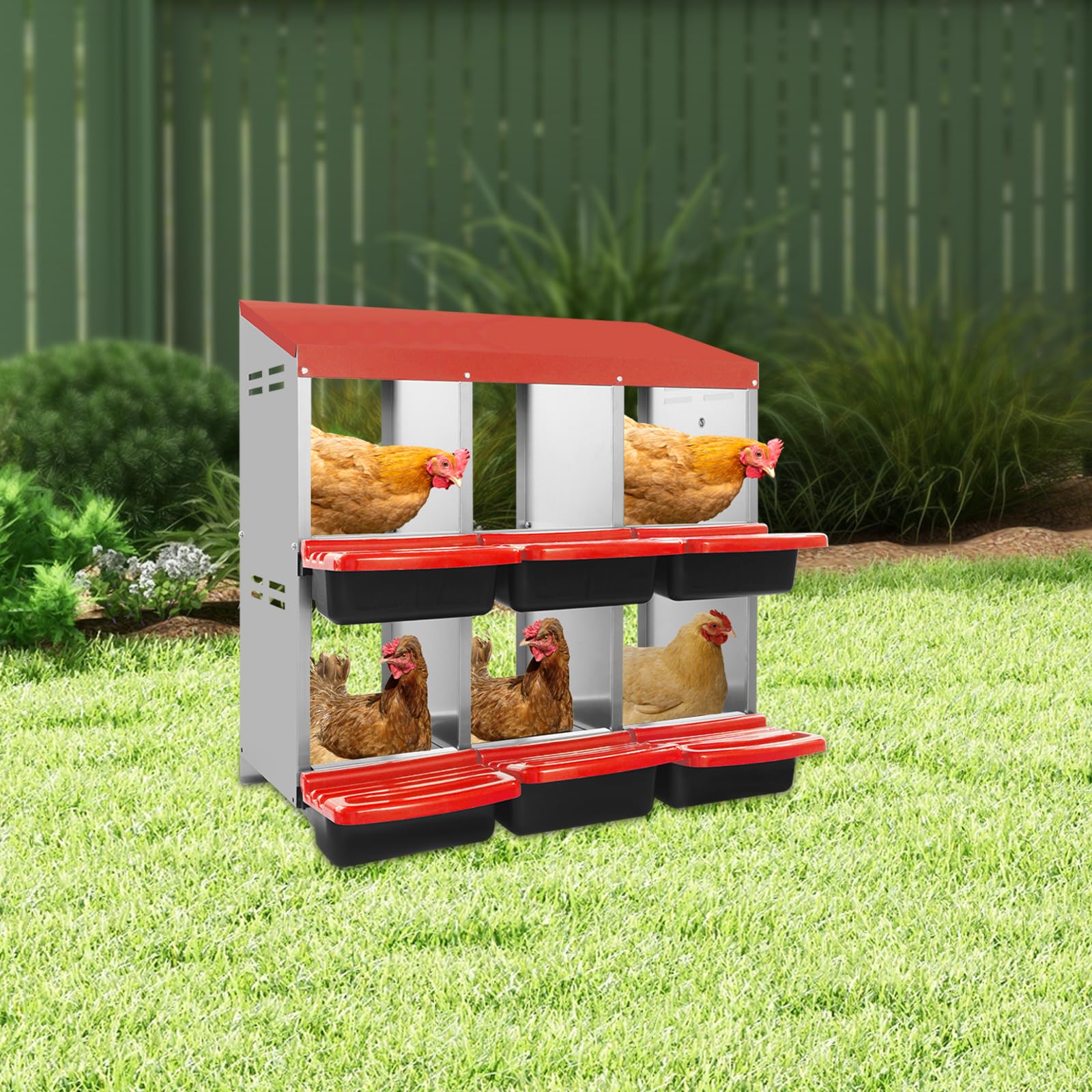 Nido de puesta para pollos, 6 compartimentos, nido de pollo, caja de metal, con compartimento de almacenamiento automático, 81 x 52 x 79 cm, ventilado, color rojo