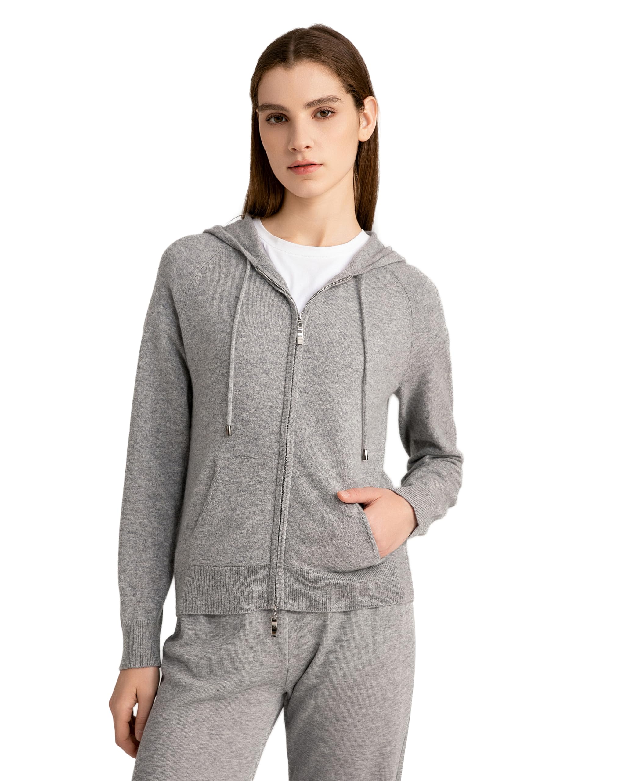 State Cashmere 2-Way Zip Up Hoodie with Pockets and Zipper 100 Pure Cashmere Long Sleeve Sweater for Women