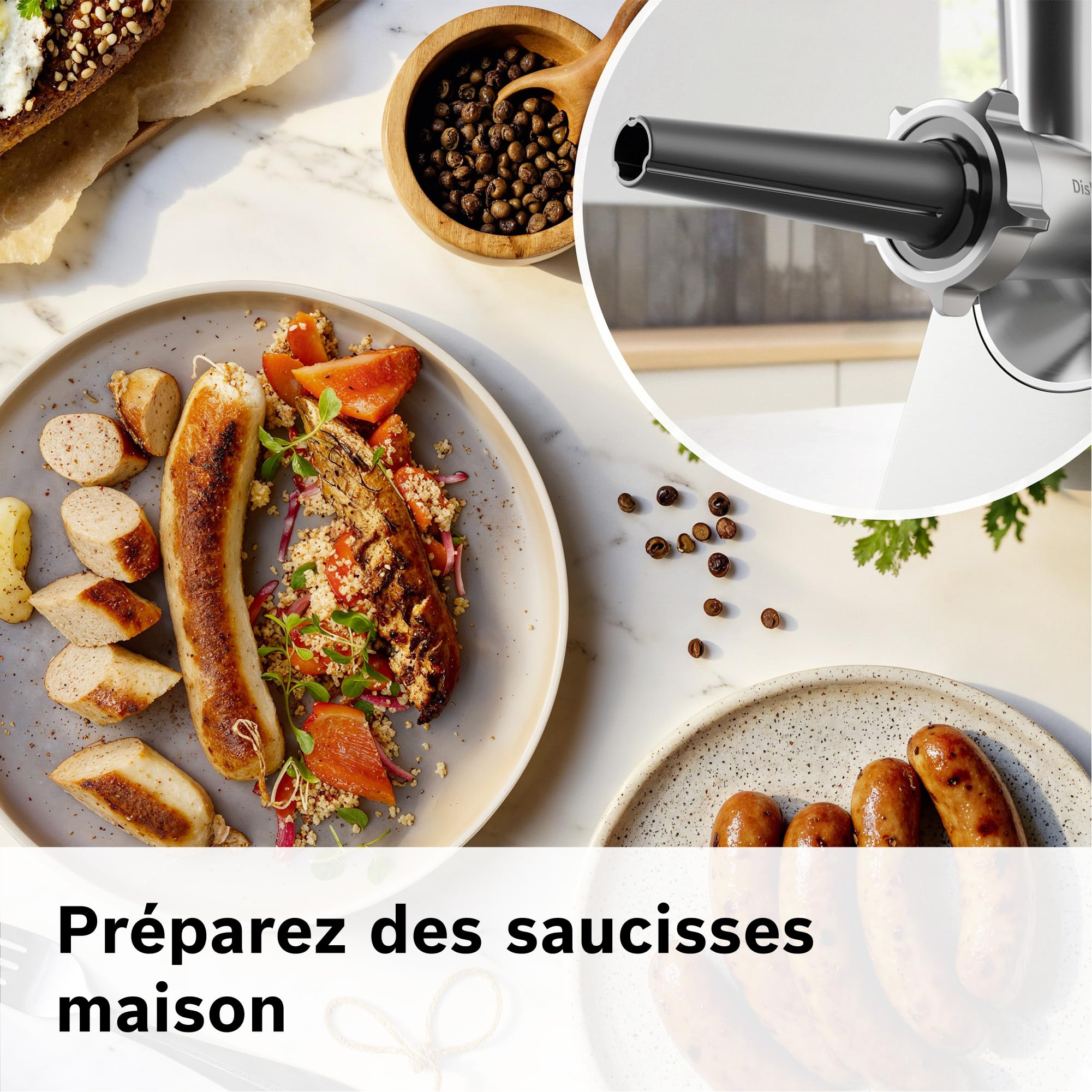 Bosch MultiPower Série 8, hachoir multifonction, puissance moteur bloqué 2500 W, hachoir à viande, râpe, accessoires saucisse et kebbe, noir, MFWS840M