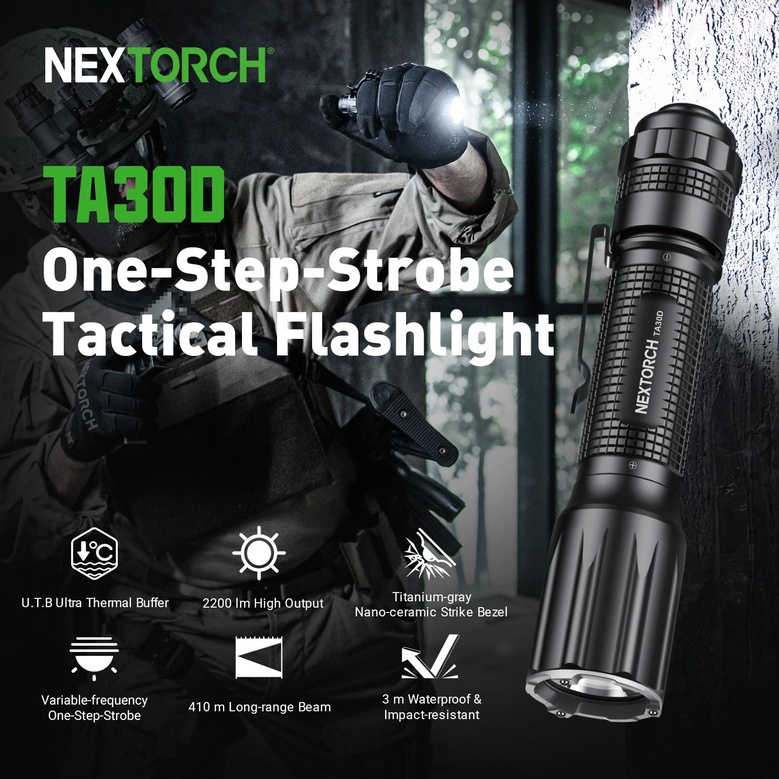 Nextorch TA30D - Torcia tattica da 2200 lumen, impermeabile, luminosa, ricaricabile, con 5 modalità e set di anelli, per la ricerca tattica di emergenza domestica all'aperto e notturna