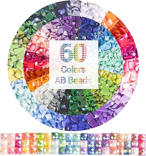 AB - Cuentas cuadradas de pintura de diamante para accesorios de pintura de diamantes, 12000 unidades, 60 colores, puntos de diamante AB, taladros