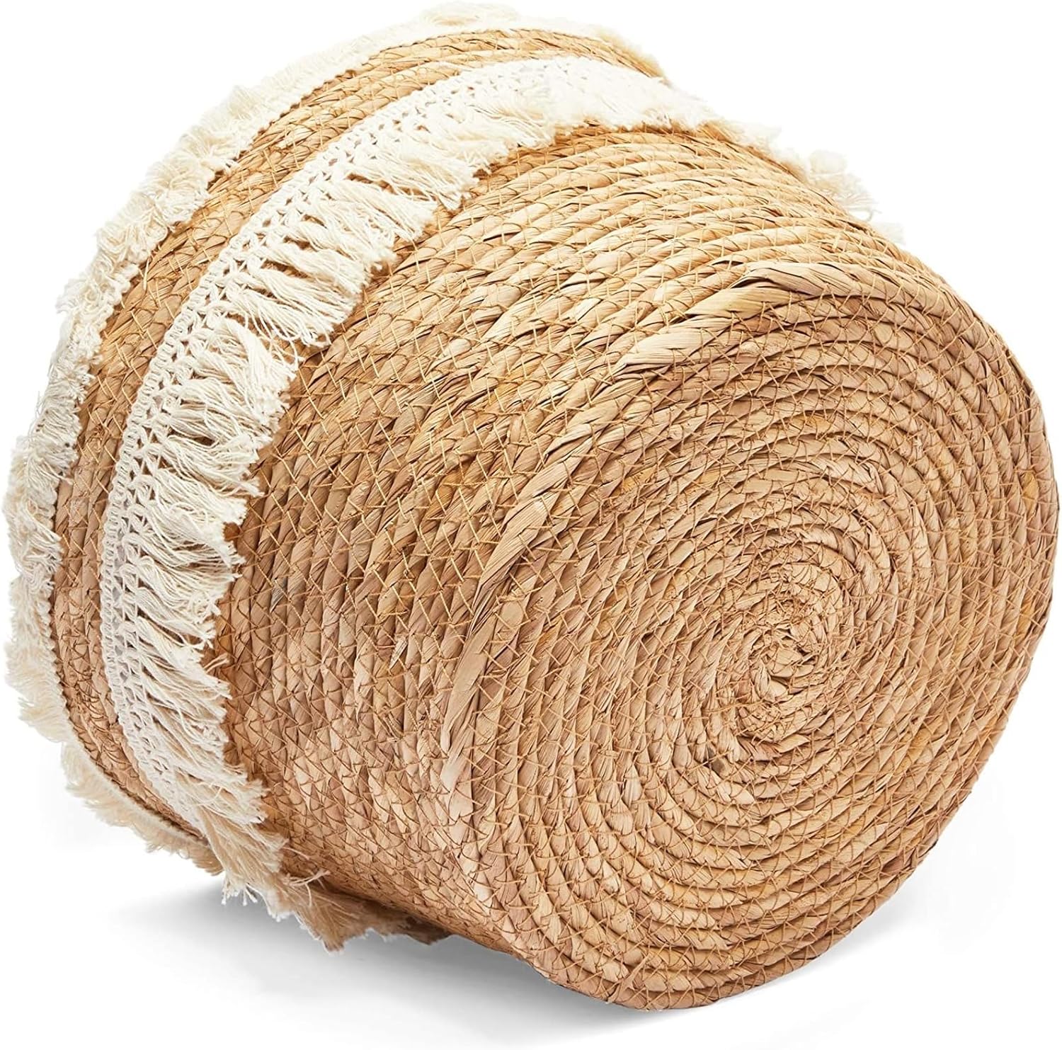 Boho Natural Woven Round Storage Baskets with Fringe, Set of 2