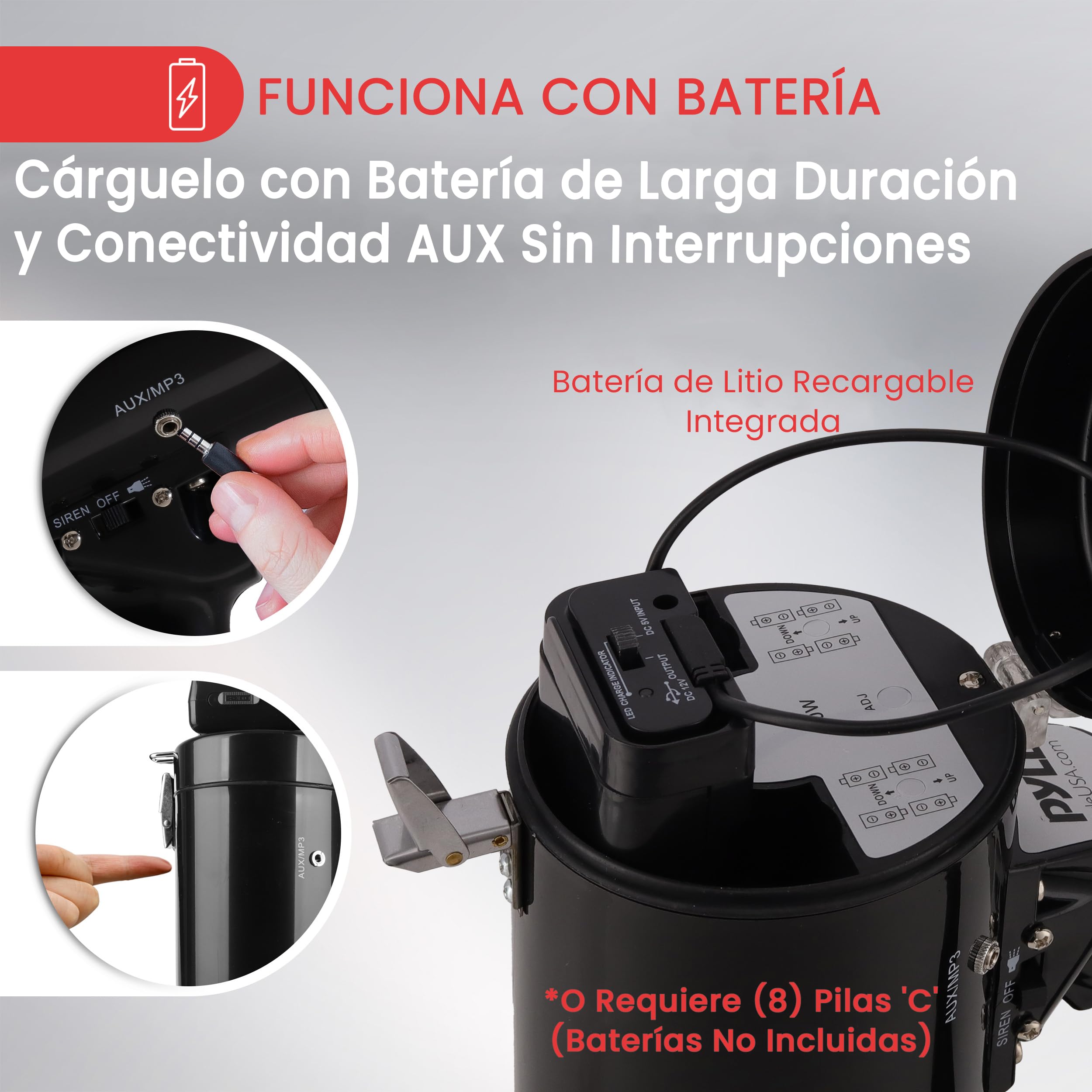 Pyle Altavoz Portátil 50V Sirena Control de Volumen LED
