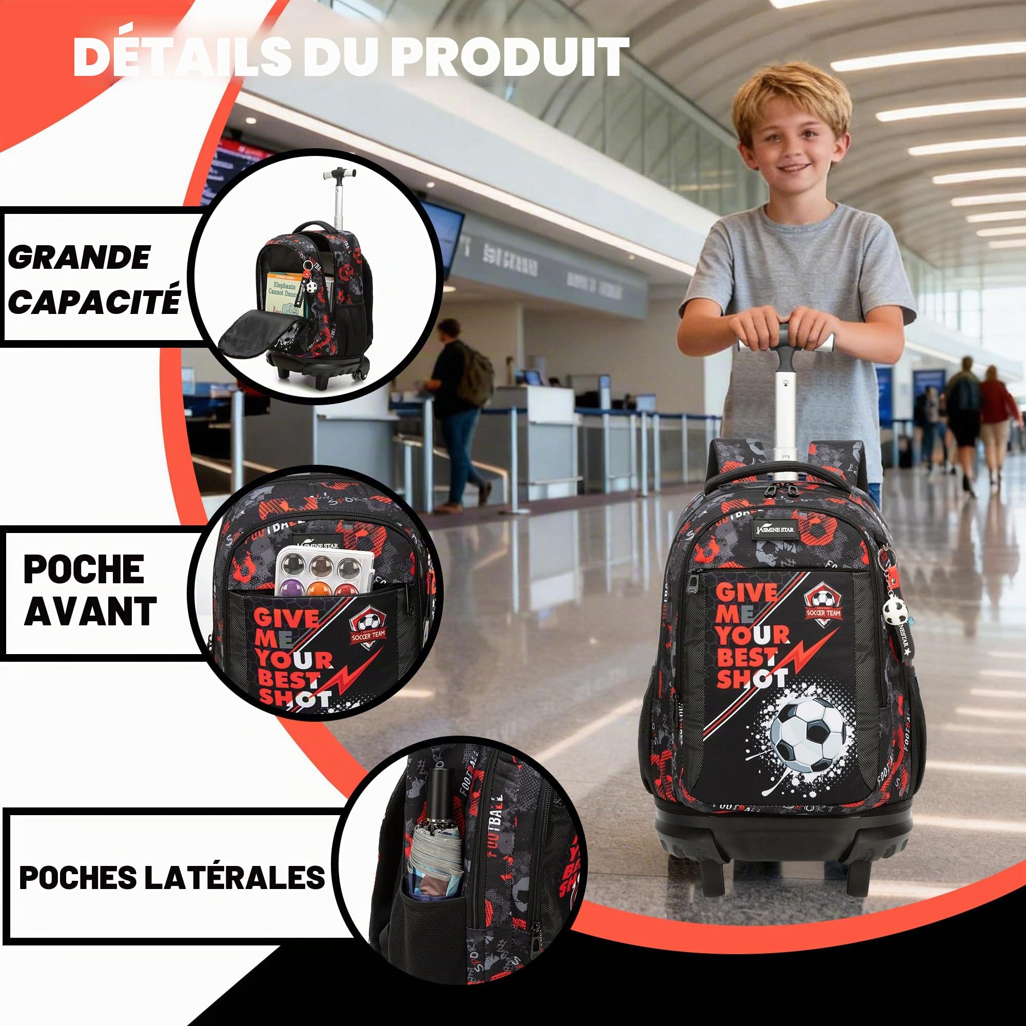 HTgroce Sac à Dos à Roulettes Garçon Primaire – Set 3 Pièces avec Sac à Déjeuner & Trousse – Cartable Trolley Rentree Scolaire CP CE1 CE2 CM1