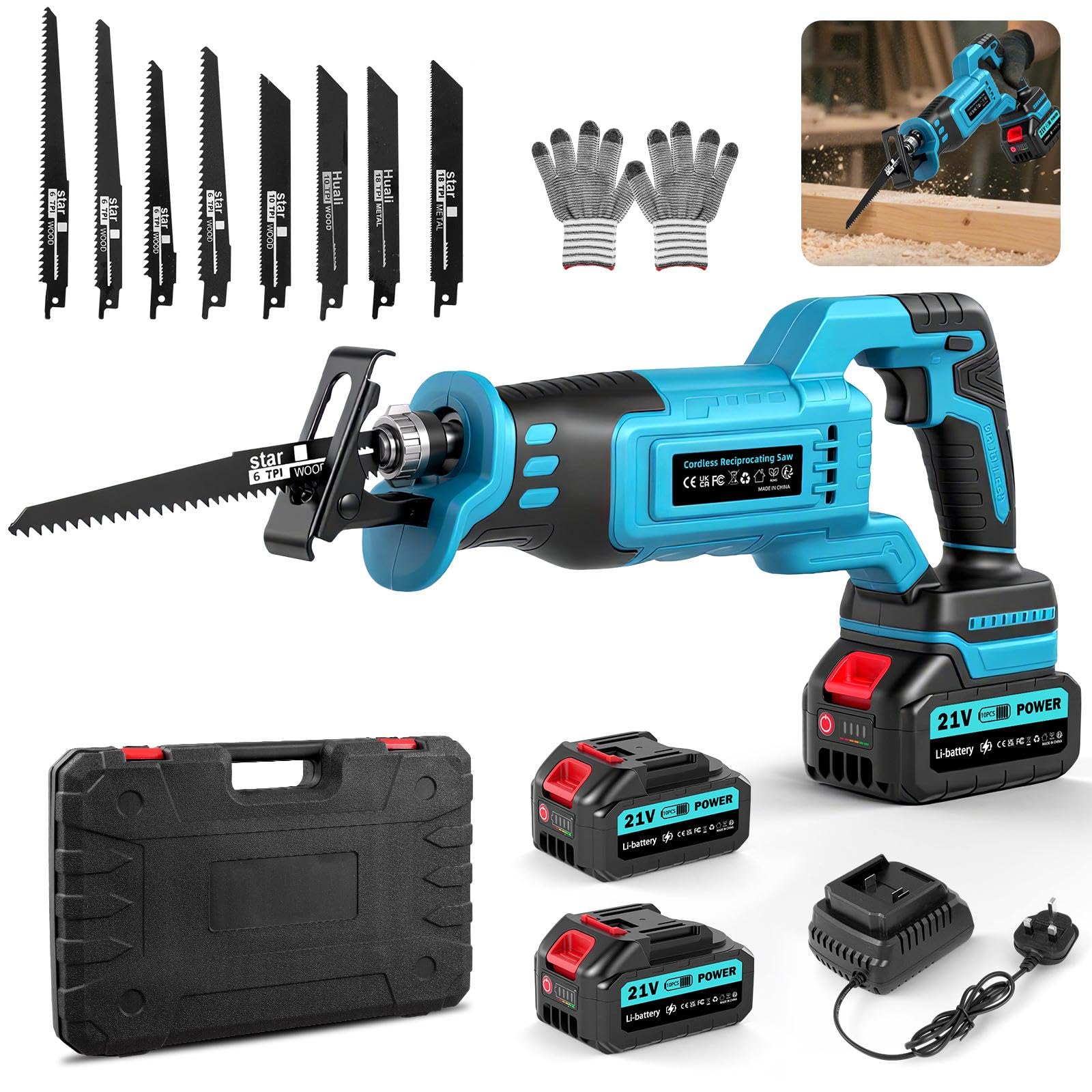 Keleef Cordless Reciprocating Saw 21V, 0-4000 RPM Variable Speed Electric Saws to Cut Wood, Battery Power Saw with 2 x 4000mAh Batteries and Charger, 8 Sawing Blades, Electric Saw for Wood Metal PVC