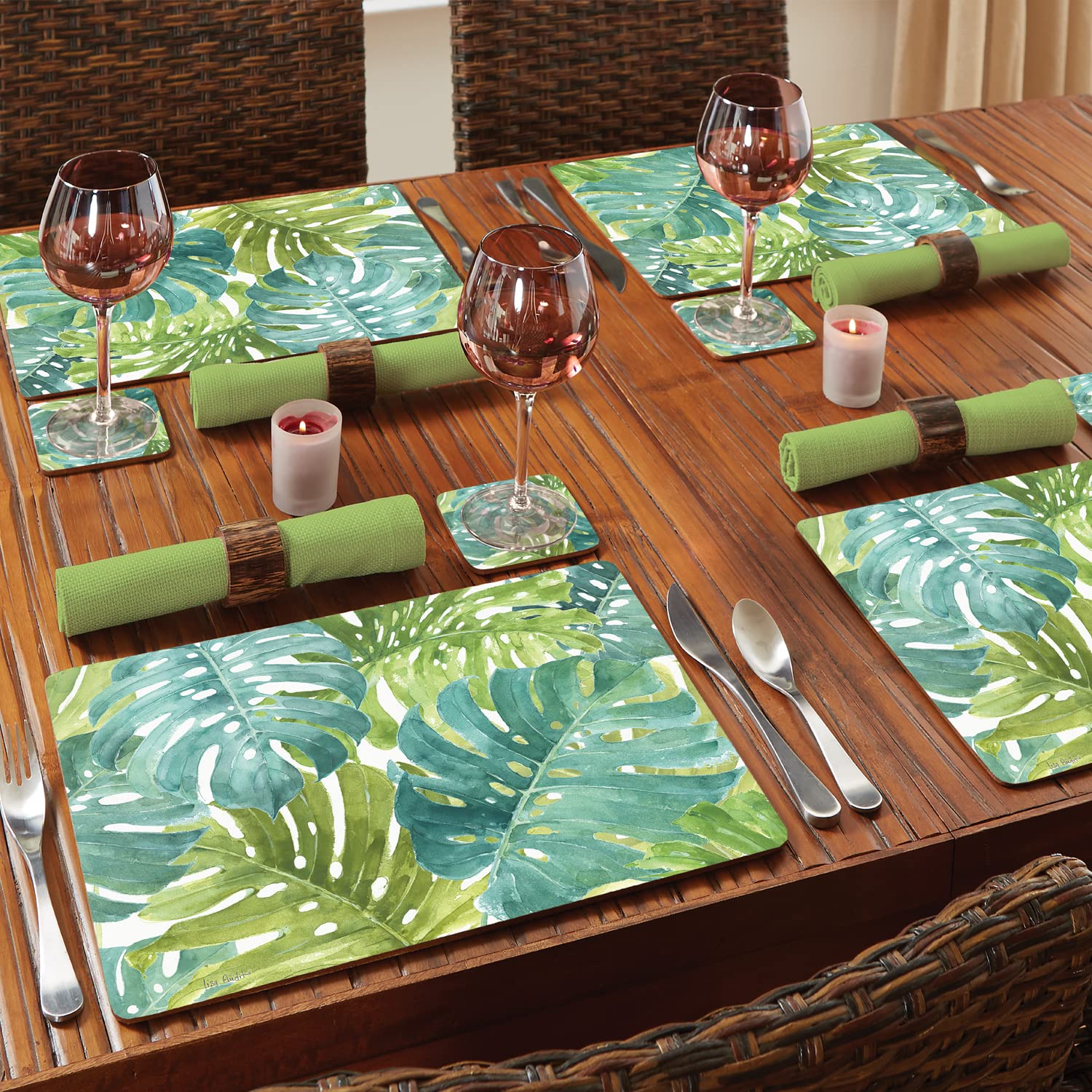 Juego de 4 manteles individuales de tablero duro de alta calidad en caja verde tropical | Decorativo, construcción en capas y fácil de limpiar