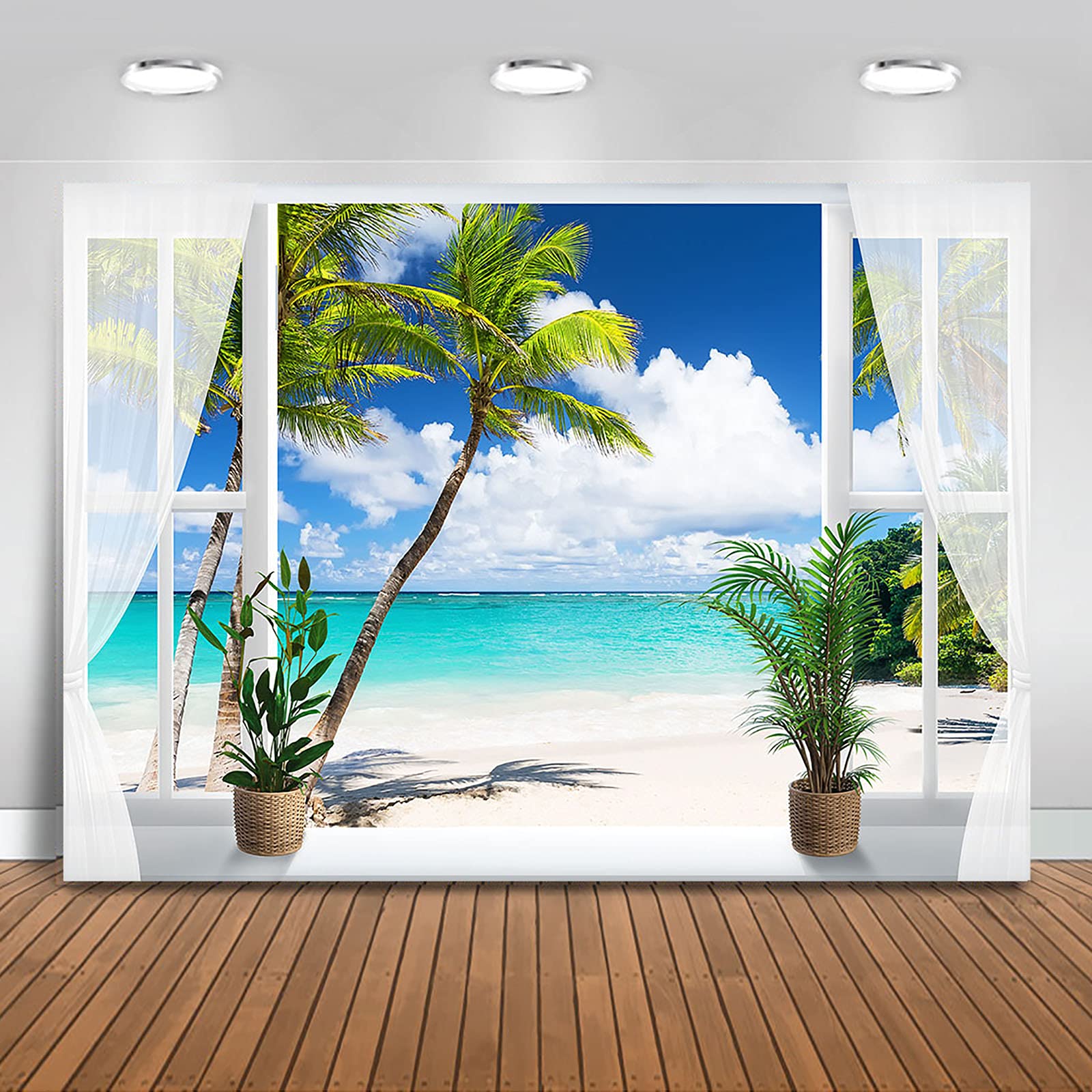 Mocsicka Beach Hawaii Theme Backdrop Summer Tropical Palm Trees Seaside Window Scenery Greenery Blue Sky White Cloud Baby Shower Birthday Photo Background Banner Wall Decor Party Decoration (5x3ft)