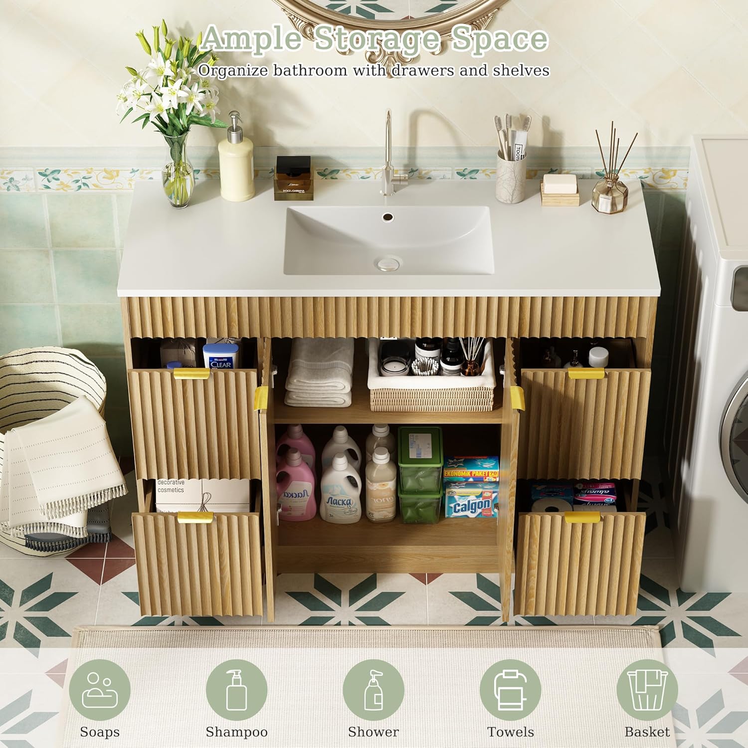 48" Fluted Bathroom Vanity with Sink, Freestanding Bathroom Cabinet with Soft Closing Door Storage and 4 Drawers Space, Modern Single Vanity with SMC Sink, Oak