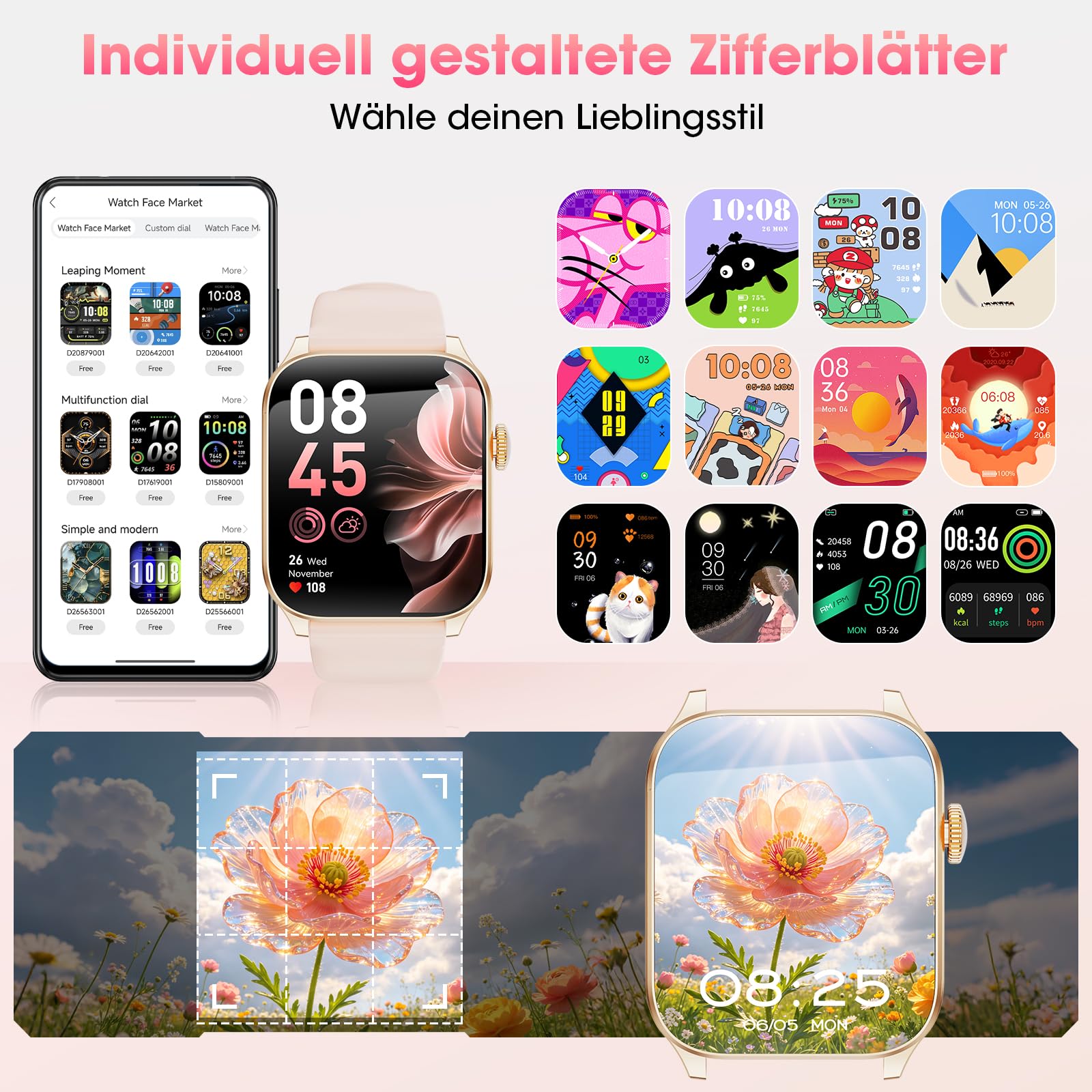 Smartwatch Damen, 1,91" HD-Kurvdisplay mit 7 Armbänder/Geschenkbox