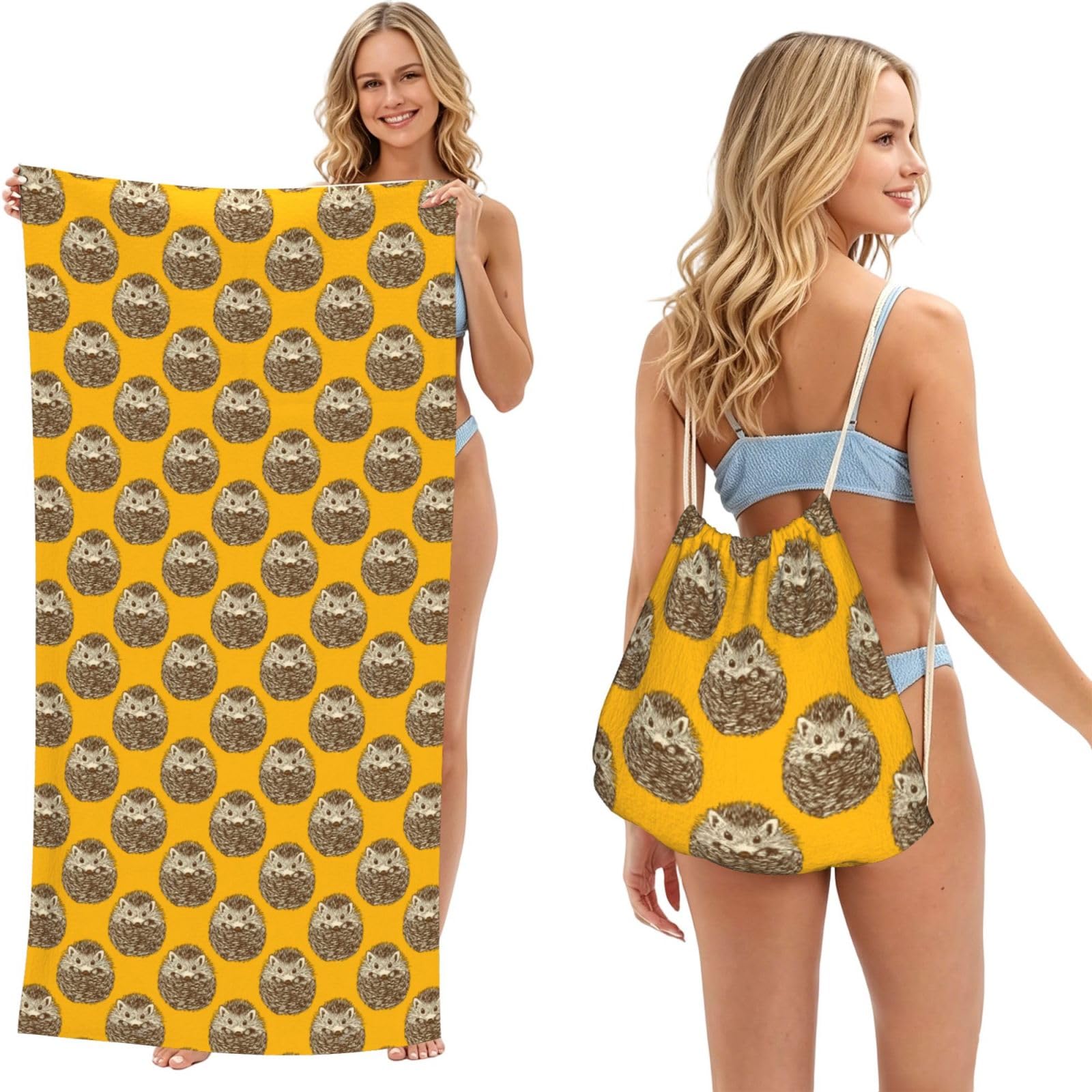 Poadnly As Picture Cute Hedgehog, 2 In 1 Packable Towel Bag, Beach Towels With Drawstring Backpack For Travel Holiday Camping