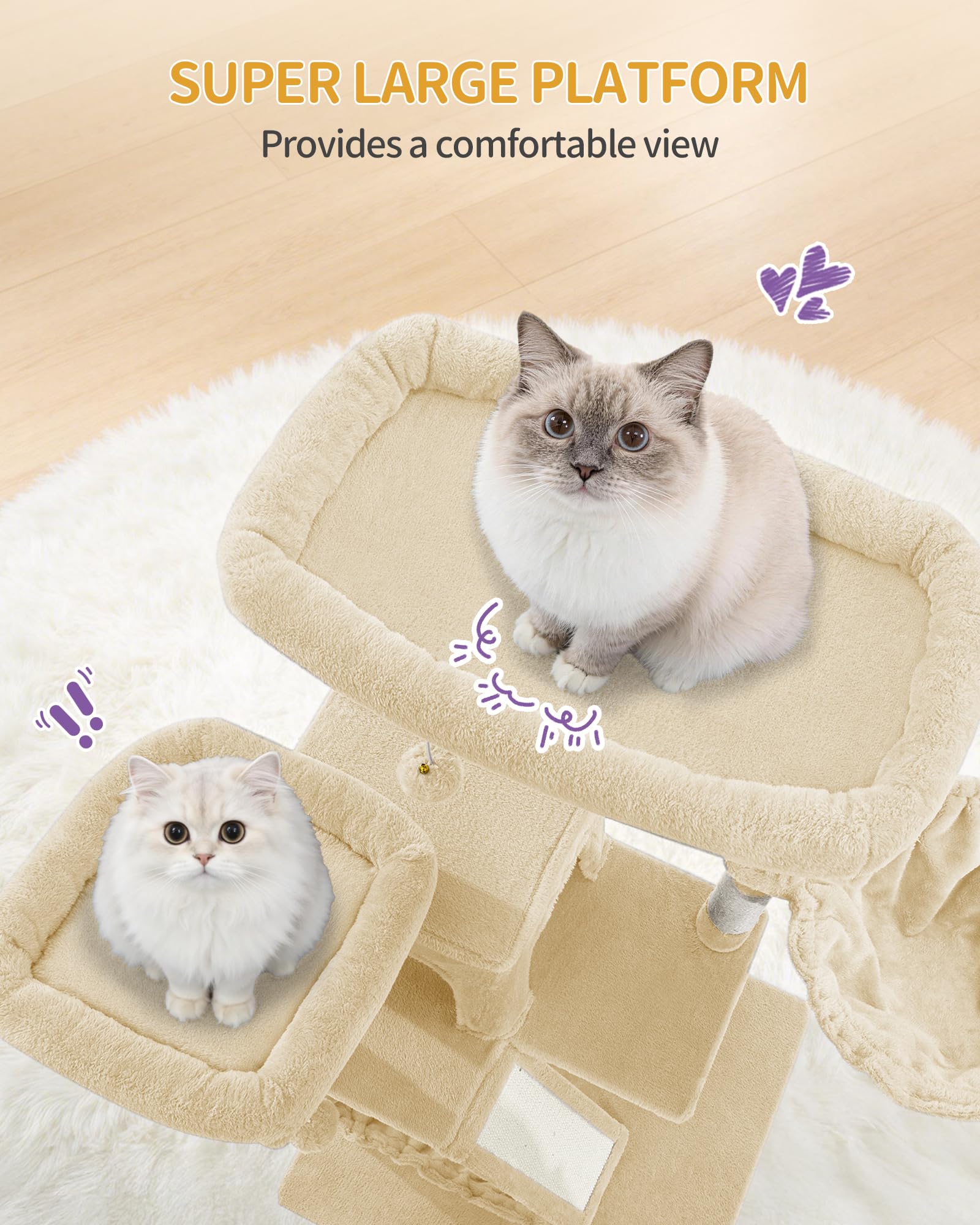 Hzuaneri Albero Tiragraffi Grande per Gatti, Torre per Gatti da Interno 183 cm con 2 Piattaforme, 2 Grotte, Cesta, Amaca e 6 Pali Tiragraffi, Ideale per Maine Coon e Tutte le Razze, Beige, MS18318YL