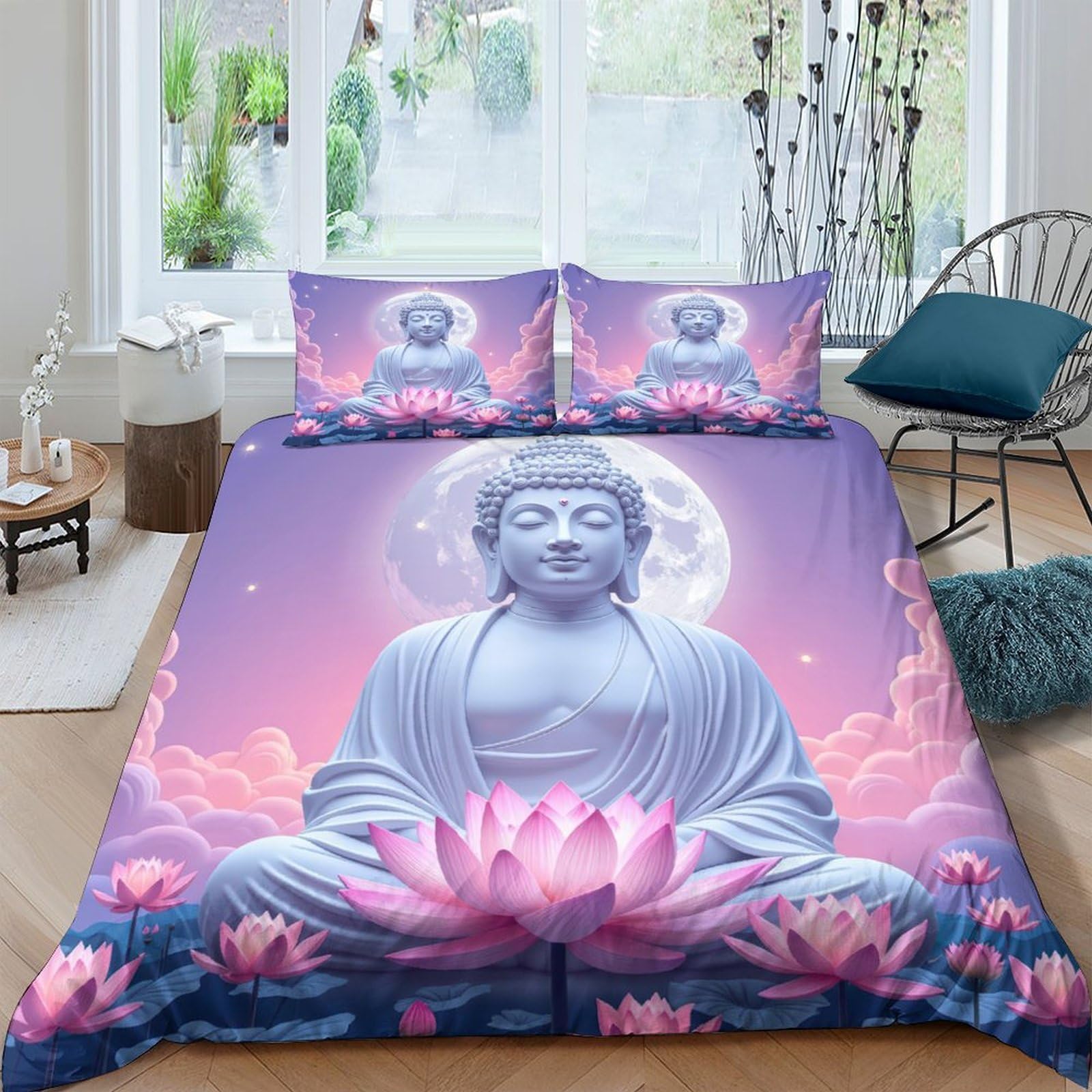 GPLZQXKJNH 3D Printed Buddha Lotus Duvet Cover Set Microfiber Soft Breathable Moon Bedroom Bedding Set with 2 Pillowcases Single（135x200cm）