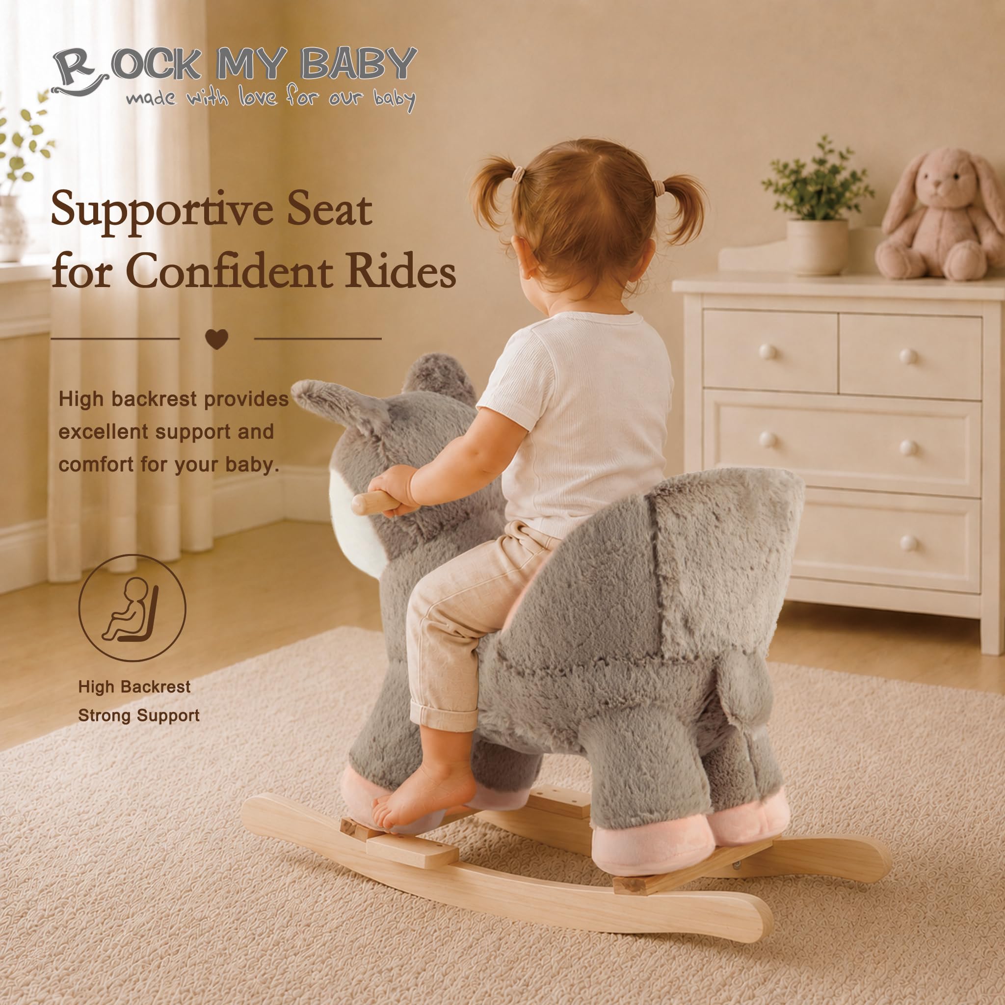 Cavallo a dondolo in peluche, corpo imbottito, sedia di sicurezza, sedia a dondolo in legno, pulsante musicale, giocattolo per bambini da 1 a 3 anni (cervo rosa)