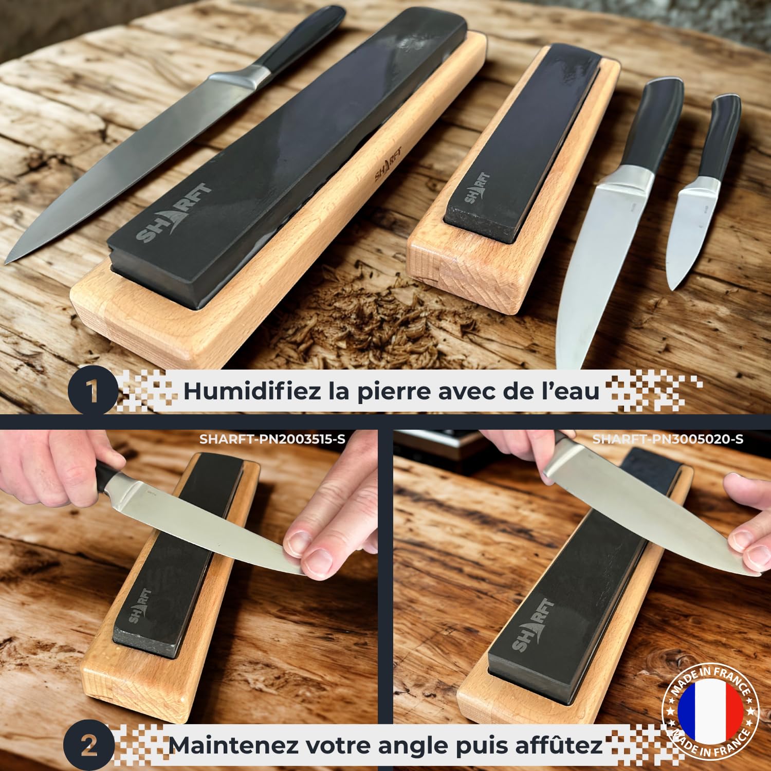 SHARFT, Pierre a aiguiser naturelle des Pyrénées 800/1000 + socle en bois. Pierre à aiguiser 2 grains 200mm. Affuteur de couteaux de cuisine, etc... Aiguiseur couteaux professionnel. MADE IN FRANCE.