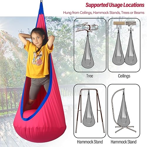 Miniatura 6 de Asiento columpio para niños, máximo 300 libras, silla giratoria sensorial para niños para interiores y exteriores, silla hamaca con kit de colgador