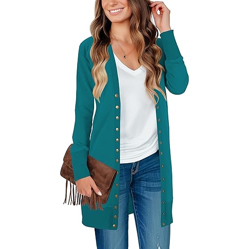 KAY SINN Long Cardigan Sweaters for Women Open Front Snap Button Knit Ribbed Cardigans Outfits