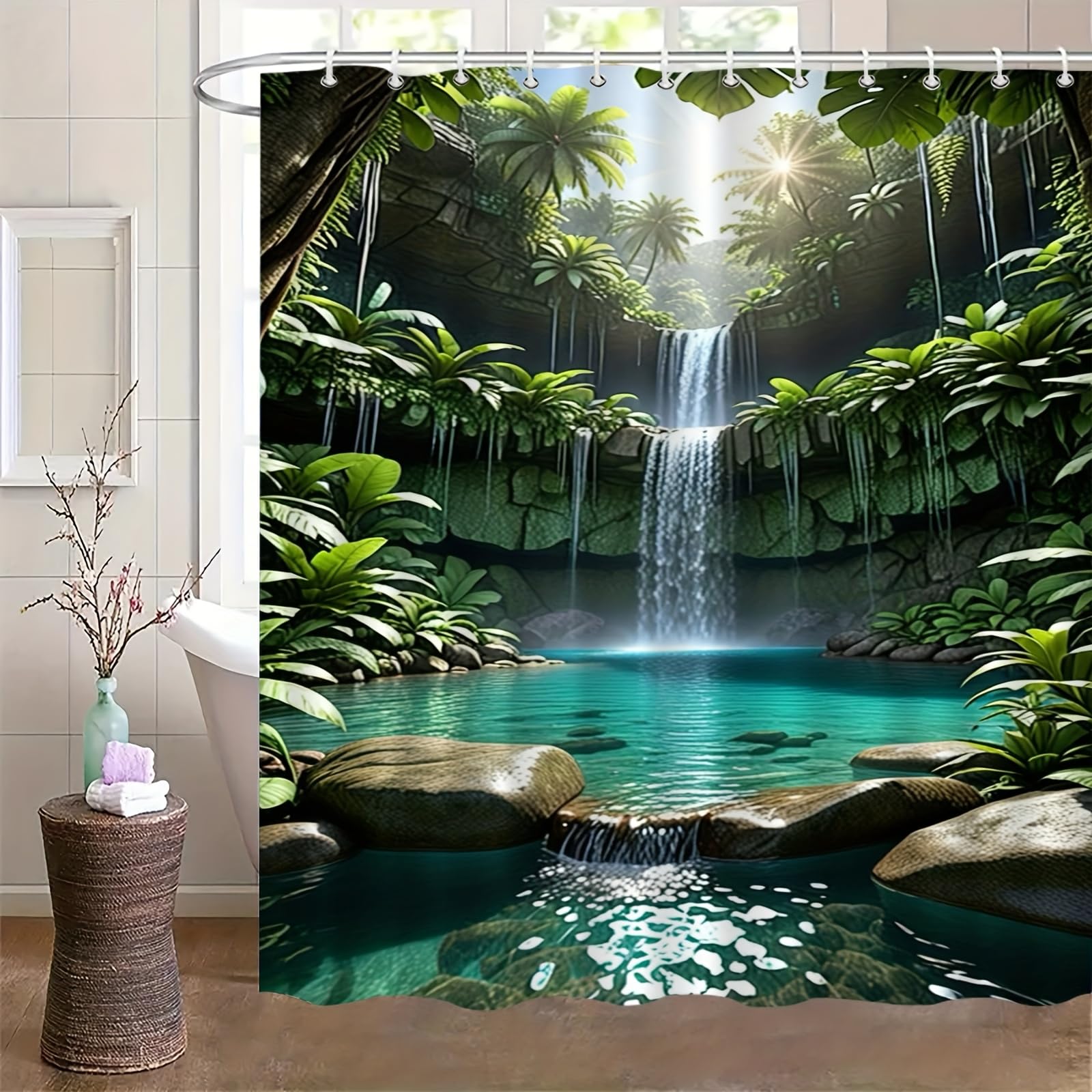 GLKSDLPO 1pc Tropical Waterfall and Lush Greenery Pattern Shower Curtain with Hooks High-end Elegant Bathroom Curtain Shower Curtain(183x214cm/72x84in(WxH))