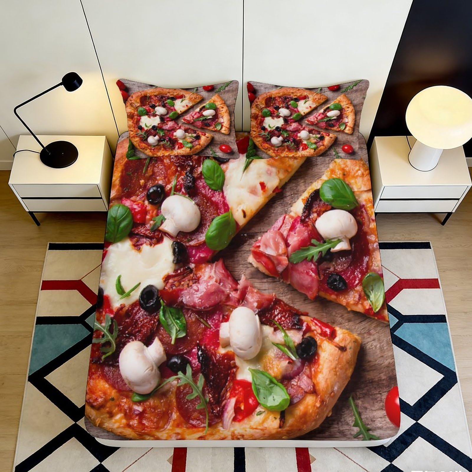 3D Printed Pizza Fitted Sheet Microfiber Soft Breathable Pepperoni Bed Cover with Mushroom and Basil Design Mattress Cover for Bedroom Dormitory Guest Room 140x200x25cm