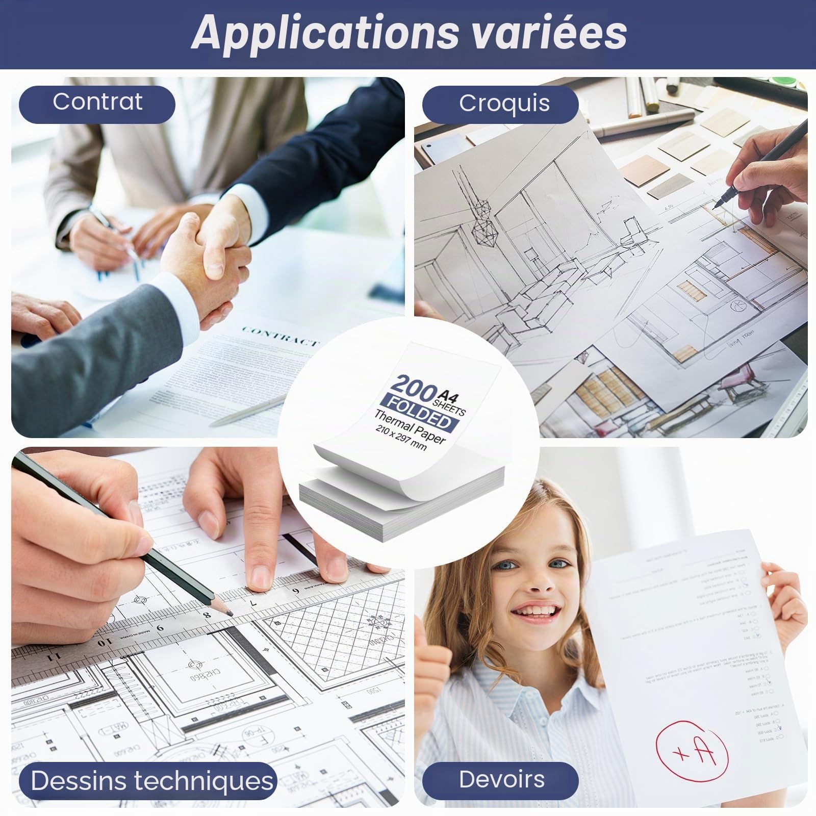 Papier Thermique A4 Pliable 200 Feuilles, Sans BPA, Séchage Rapide, Compatible Imprimantes Thermiques A4 pour Fichiers, Photos, Notes