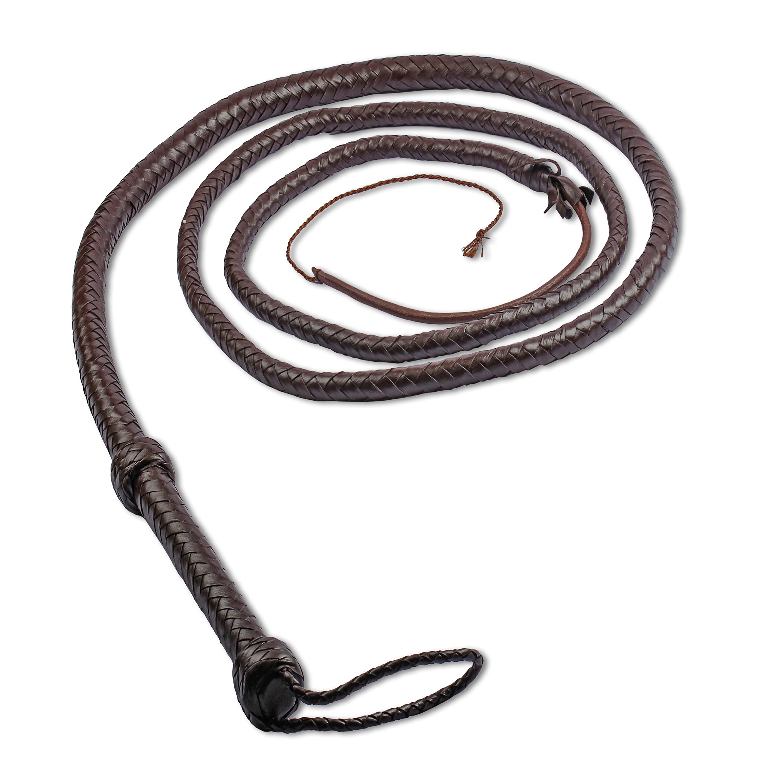 Indiana Jones Whip 4FT 8 Plaits in Black & Brown Real Cowhide Leather, Strong and Well Balance Handle for Cracking Sound with 5 Extra Crackers (Brown, 10FT - 12 PLAITS)