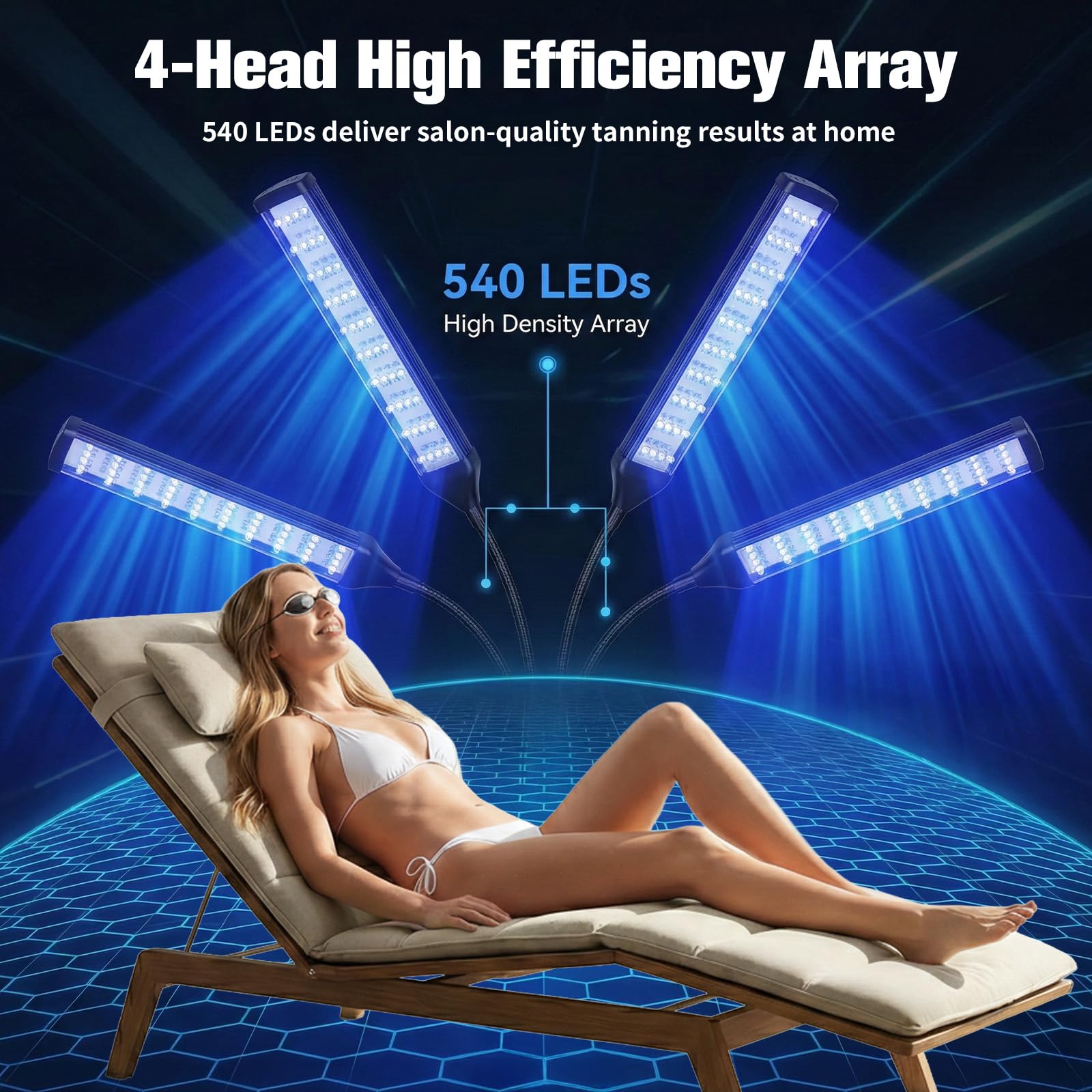 Lámpara de bronceado para el hogar: lámpara de bronceado facial con 4 cabezales de lámpara y 540 bombillas LED, soporte giratorio de 360°, 5 modos de iluminación, temporizador ajustable, con gafas