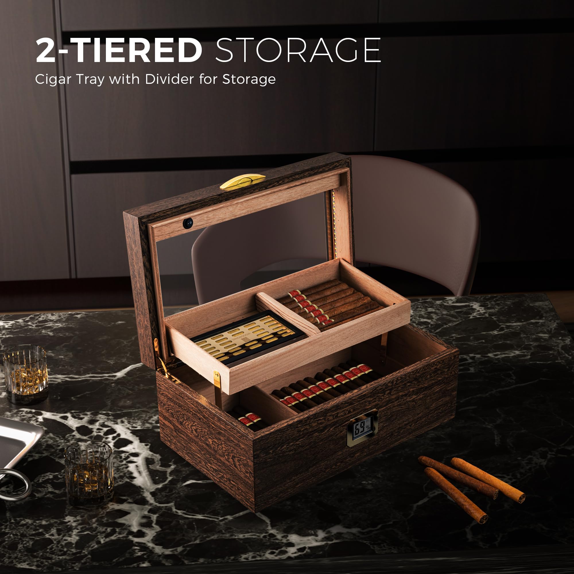 Woodronic Zigarren Humidor Box mit LED Beleuchtung für 50-100 Zigarren Desktop Zigarrenhalter mit Digital Hygrometer Luftbefeuchter Humidor Lösung Spanische Zedernfutter Tablett und Trennwände