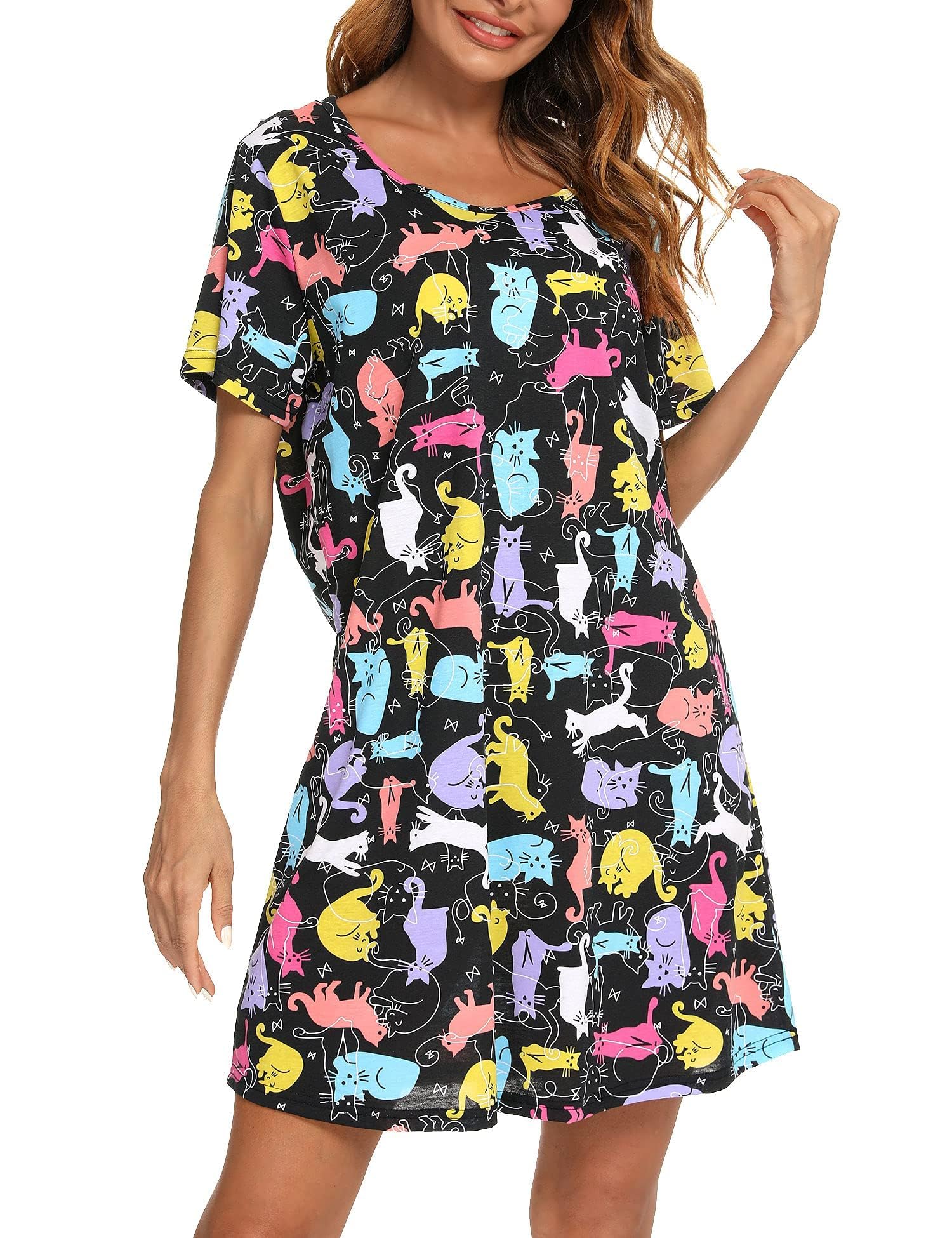 ENJOYNIGHT Camisón de algodón de manga corta para mujer, ropa de dormir con estampado casual | Camisón ligero de mezcla de algodón, ropa de descanso cómoda con bonito estampado, talla M-2XL