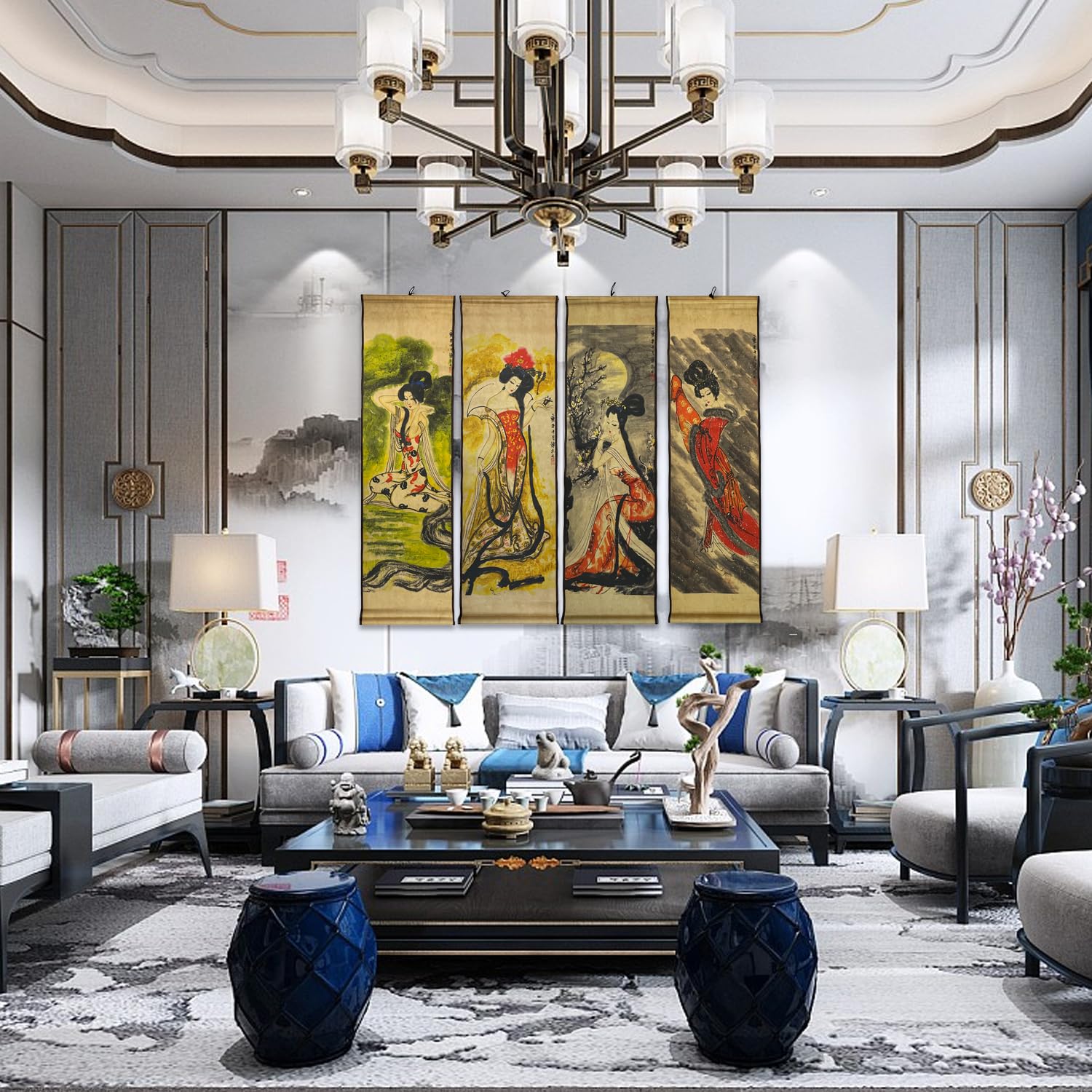 4 Panels Large Size Wall Scroll Hanging Paper Painting