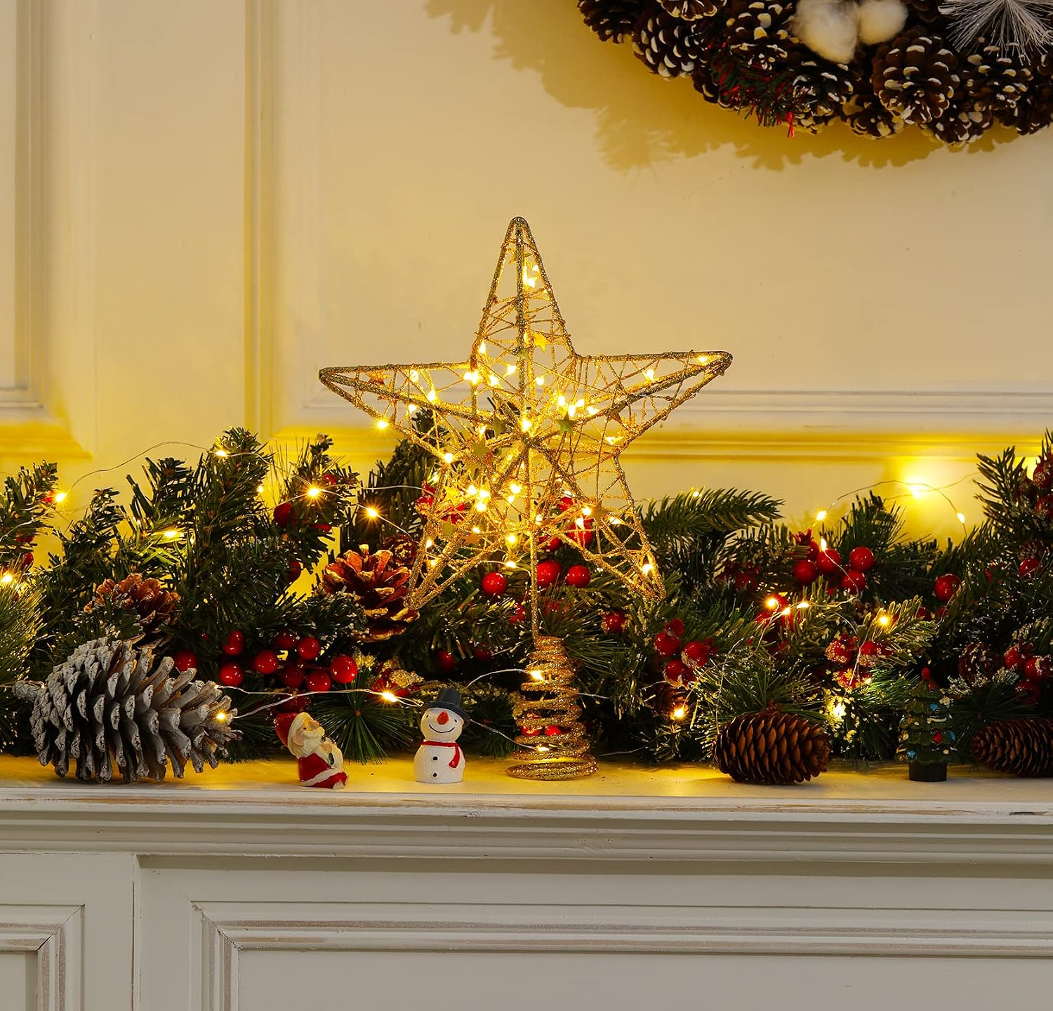 Christmas Tree Topper Star LED Lights Star Treetop Battery Operated Christmas Decorations Xmas Décor (Gold)