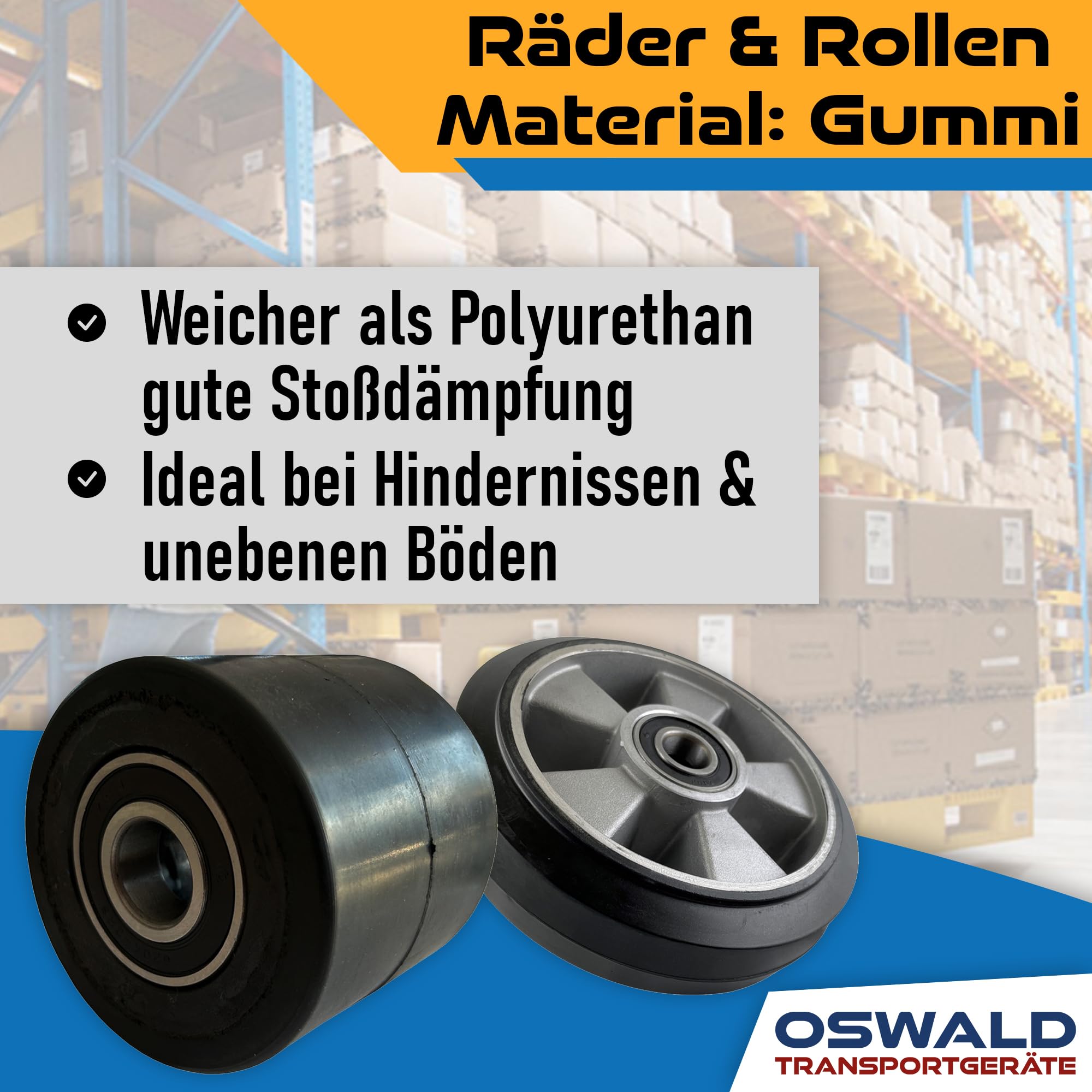 2 Stück Hubwagenräder Gummi 200 x 50/50 mm, Achse 20 mm - Ersatzrad inkl. Kugellager