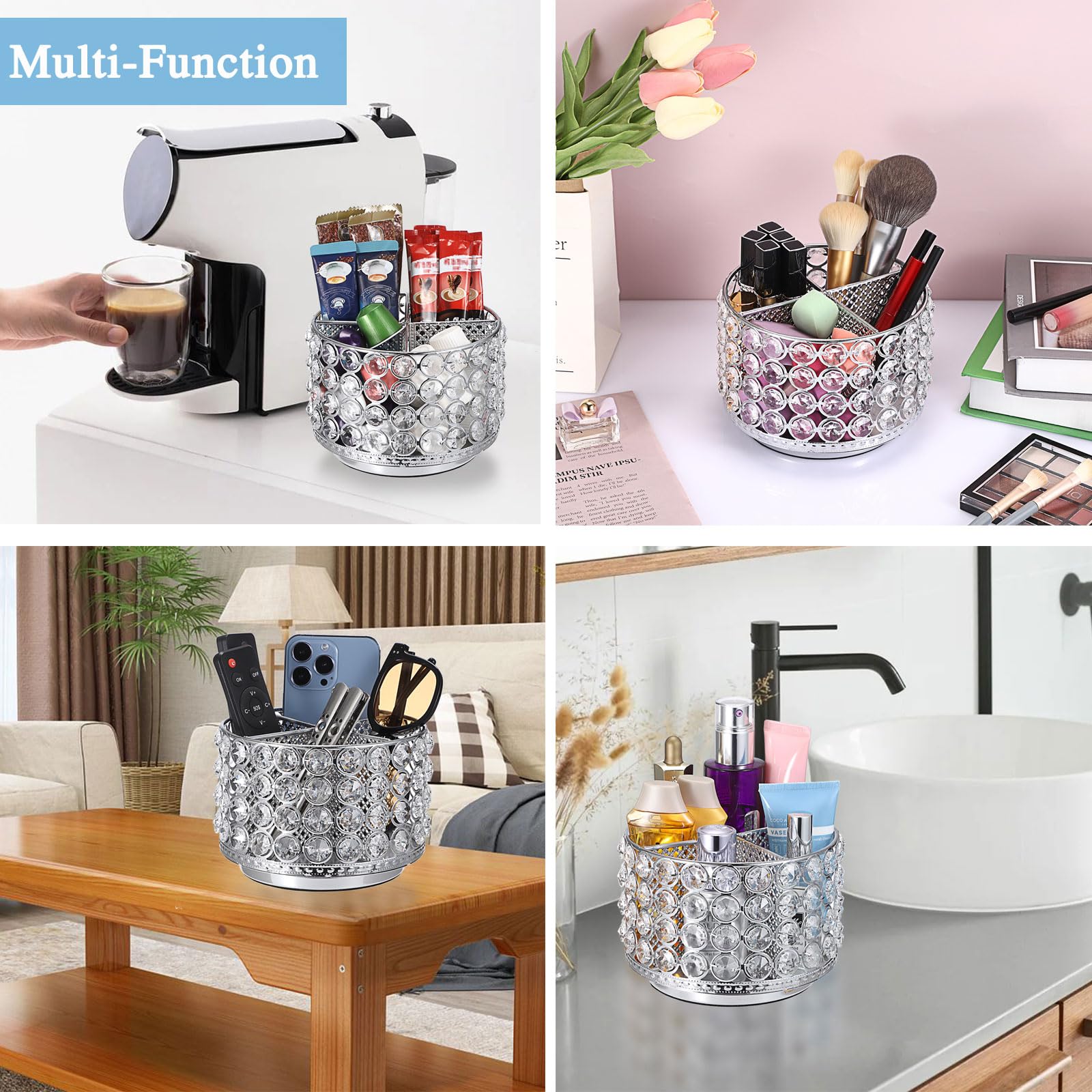 Hipiwe Make-up-Pinselhalter mit 4 Schlitzen, 360 Grad drehbar, für Kosmetikpinsel, Fernbedienung, multifunktionaler Schreibtisch-Organizer für Augenbrauen, Stift, Silber